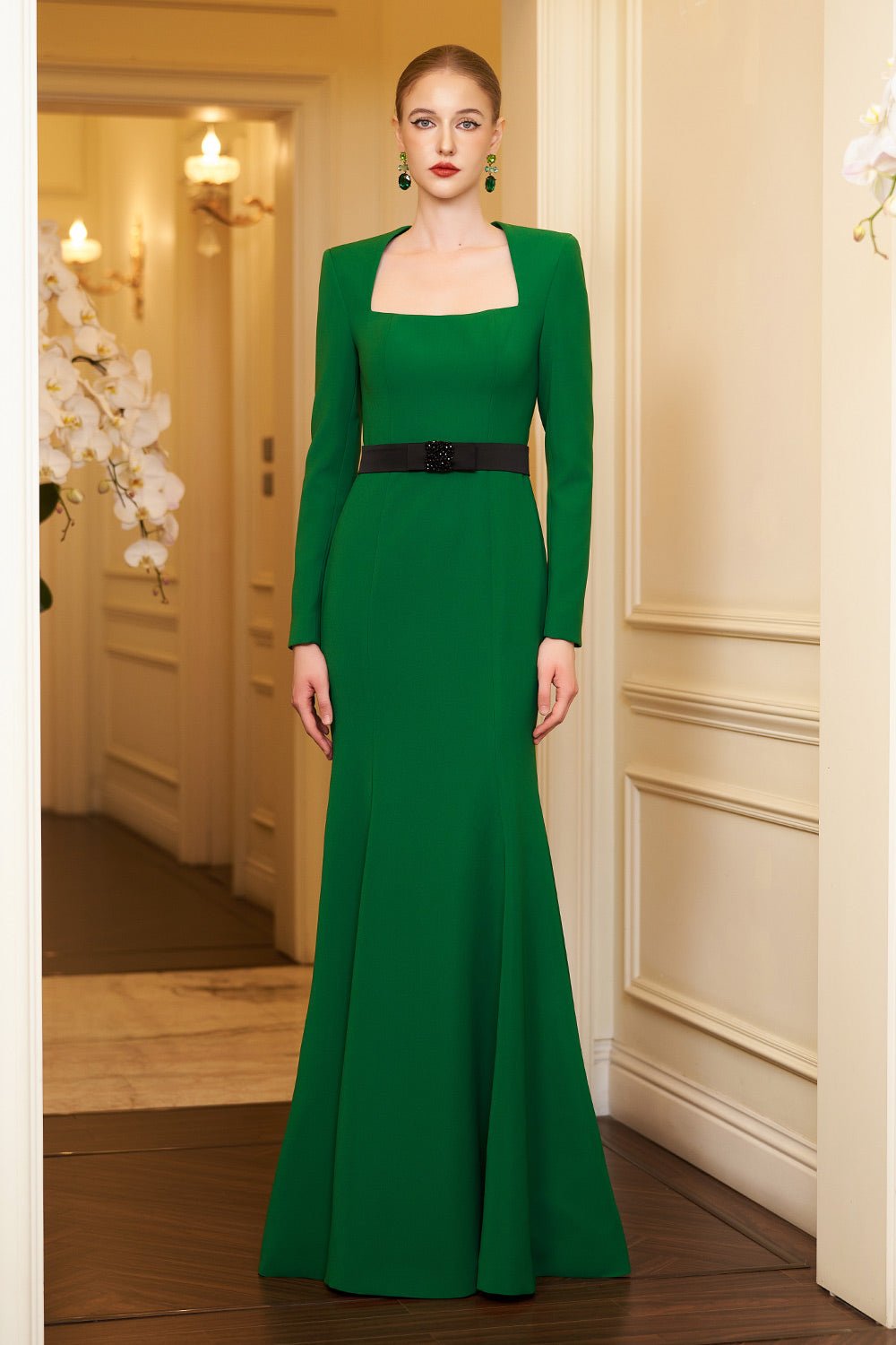 Aarna Trumpet Trapeze Neck Crepe Floor Length Dress