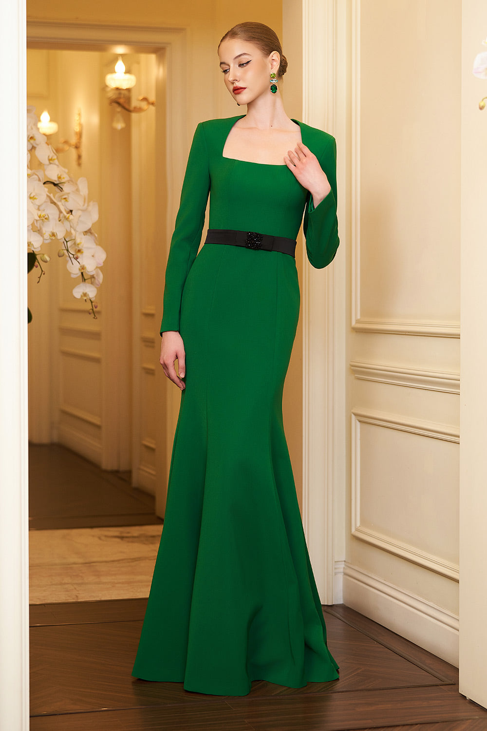 Aarna Trumpet Trapeze Neck Crepe Floor Length Dress