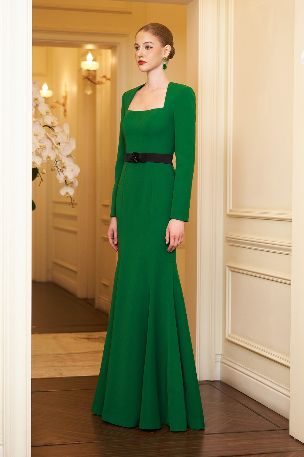 Aarna Trumpet Trapeze Neck Crepe Floor Length Dress