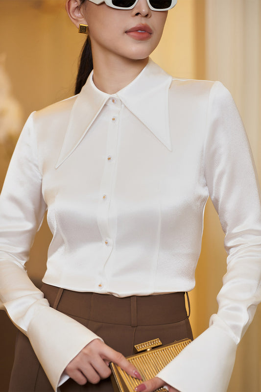 Camryn Straight Pointed Flat Collar Silk Shirt
