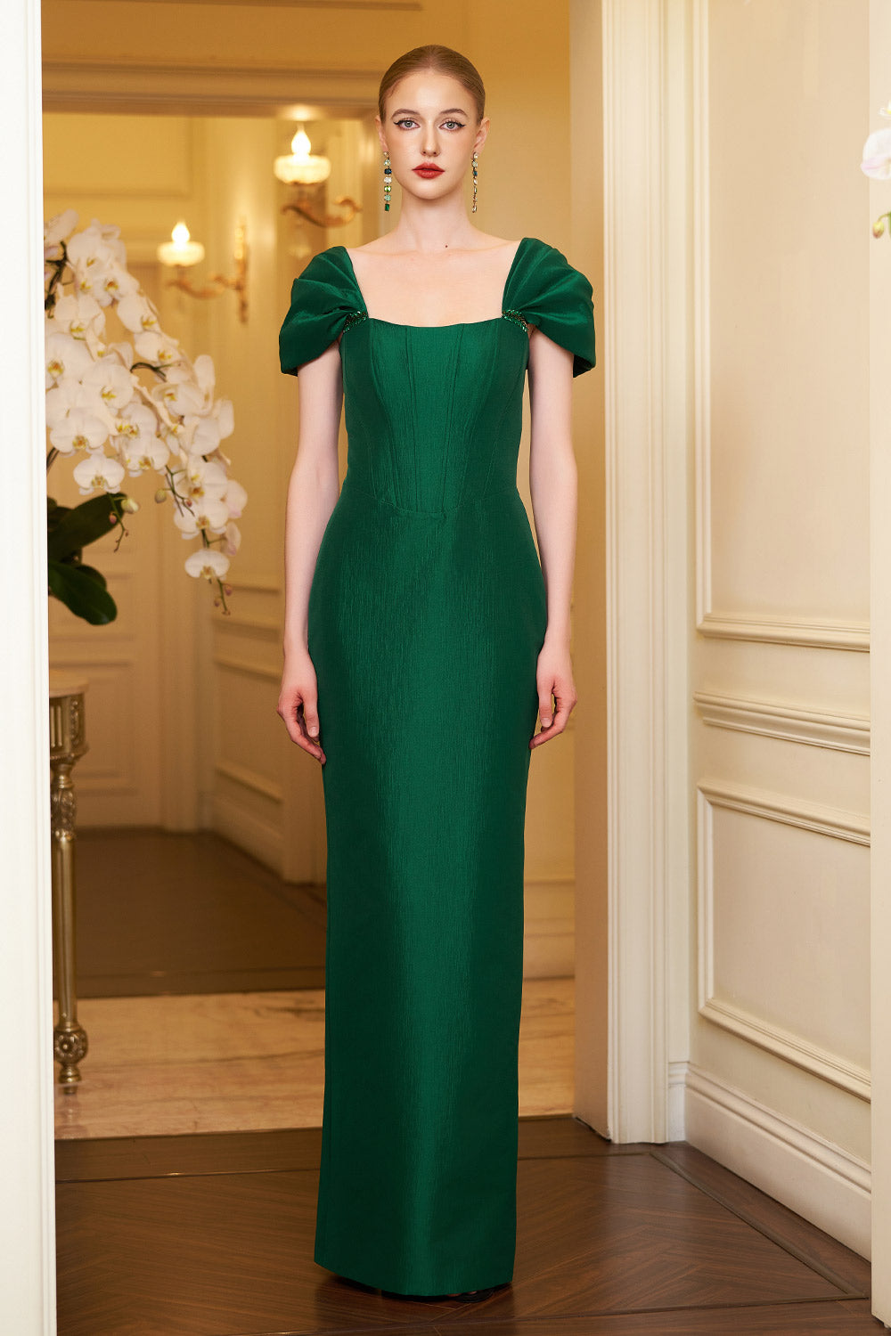 Elation Sheath Off-Shoulder Taffeta Floor Length Dress