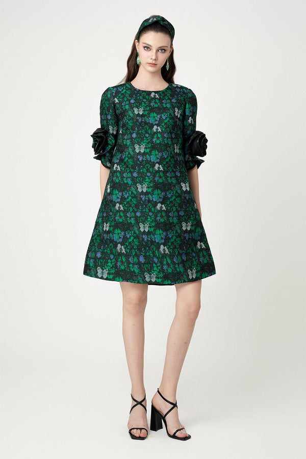 Aarav Trapezoid Flower Applique Brocade Above The Knee Dress