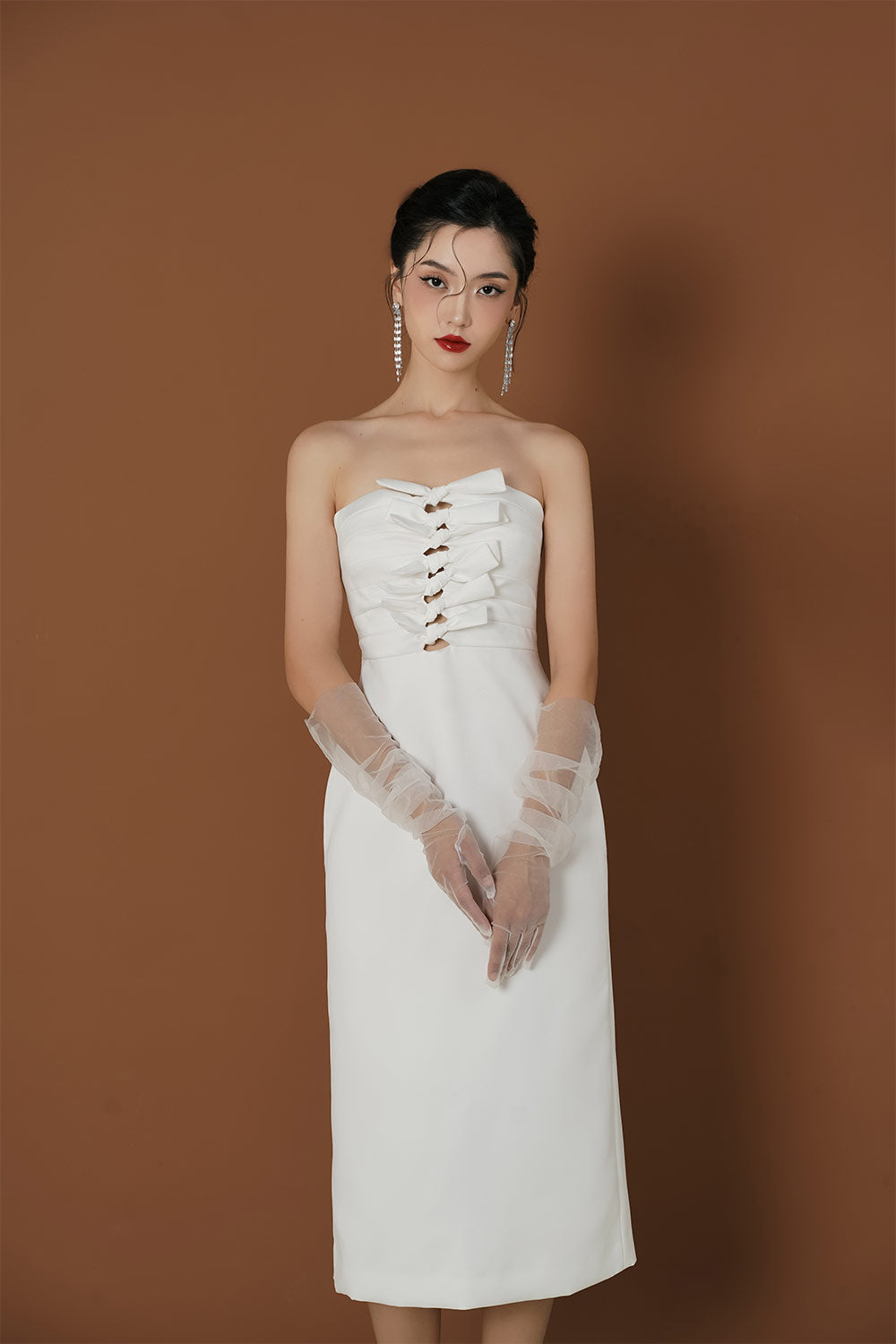 Bowny A-line Straight Across Neck Taffeta Midi Dress