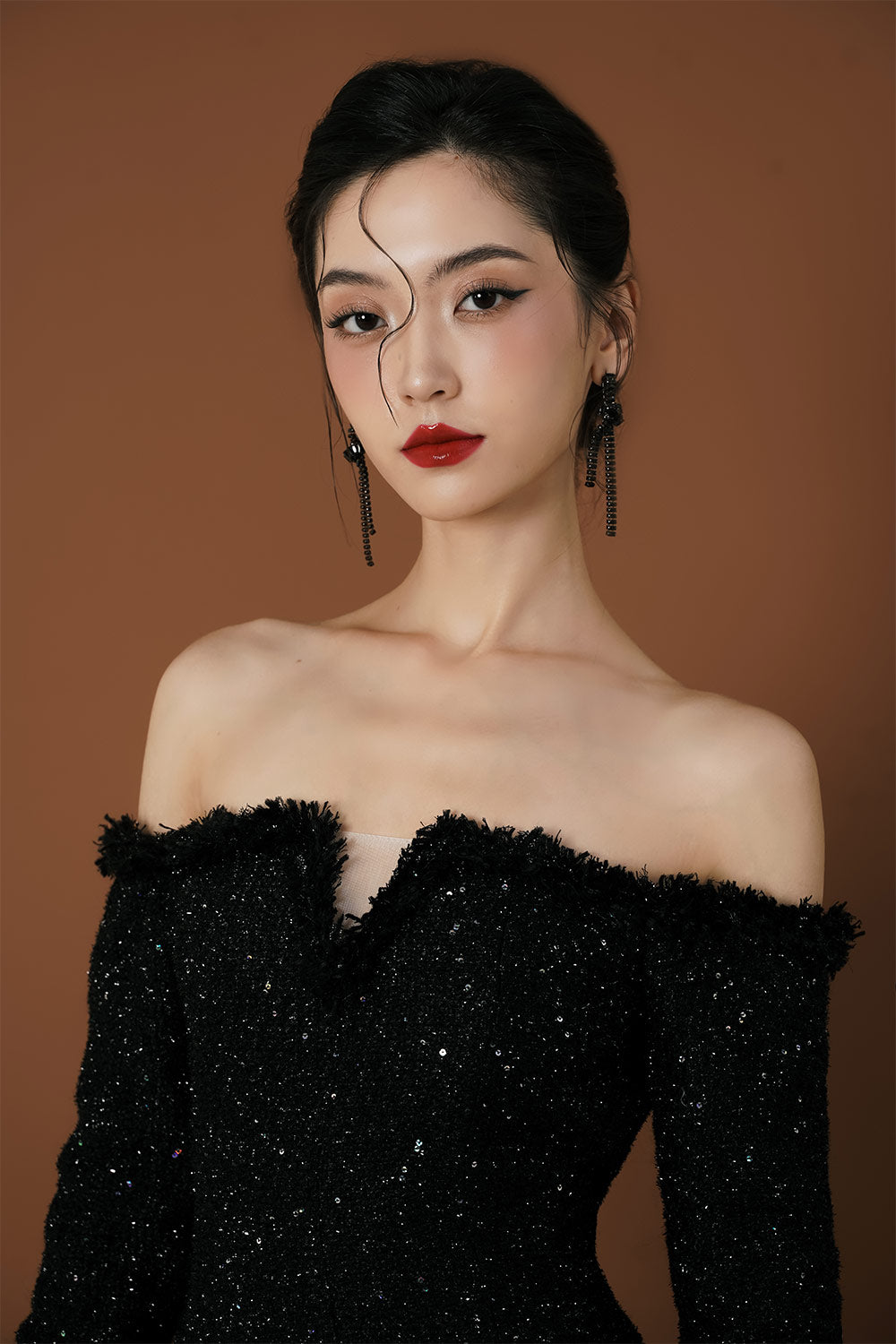 Jazzie A-line Off-Shoulder Tweed Mini Dress