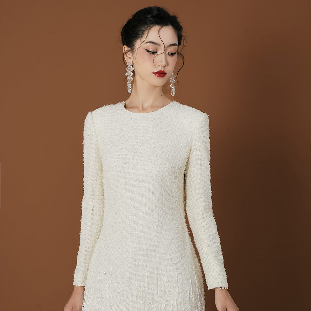 Emily A-line Jewel Neck Tweed Mini Dress