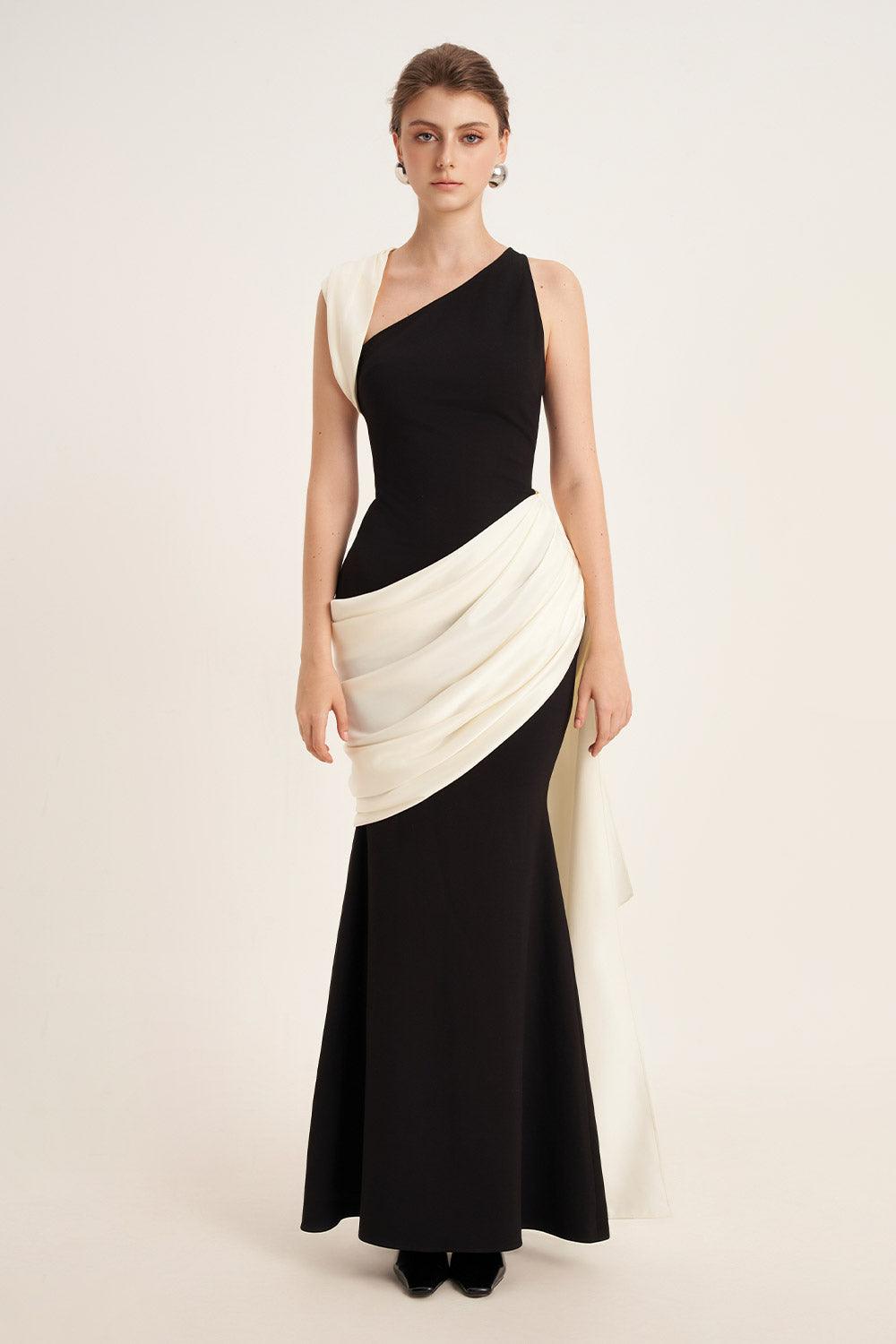 Poppy Trumpet Asymmetric Neck Elastic Cotton Floor Length Dress