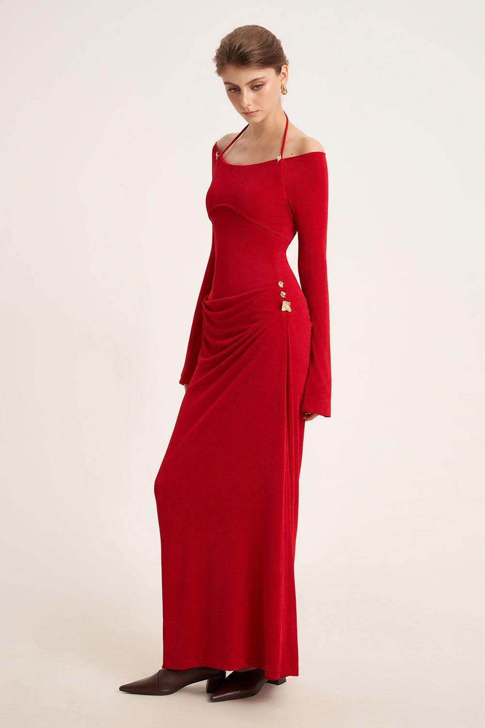 Cassia A-line Halter Neck Elastic Cotton Floor Length Dress