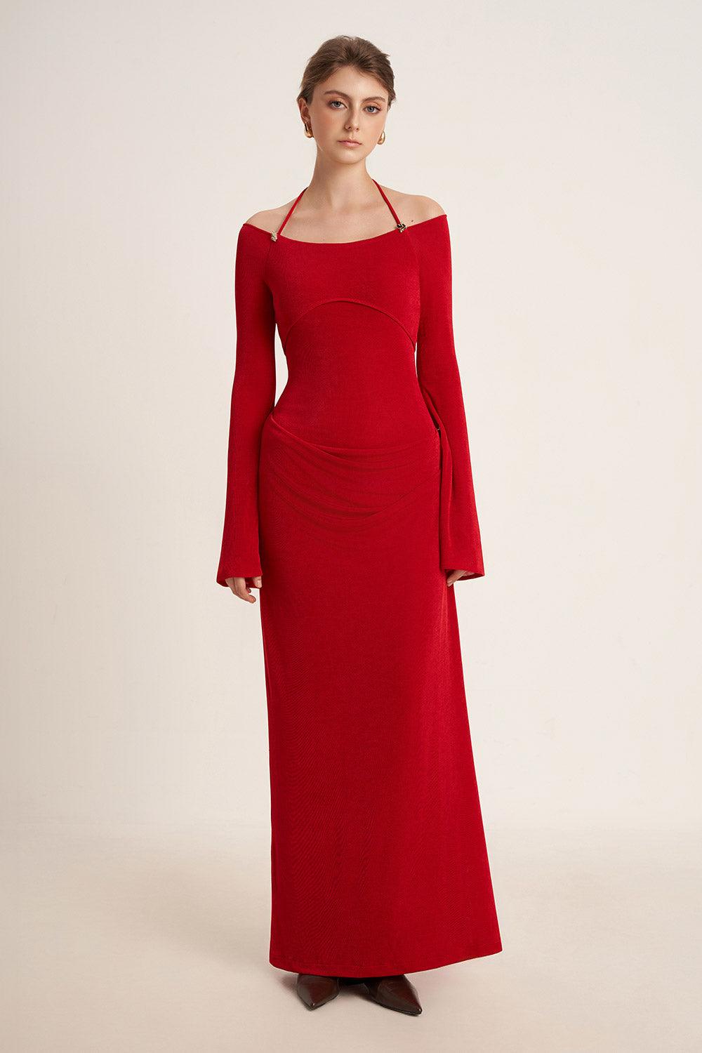 Cassia A-line Halter Neck Elastic Cotton Floor Length Dress