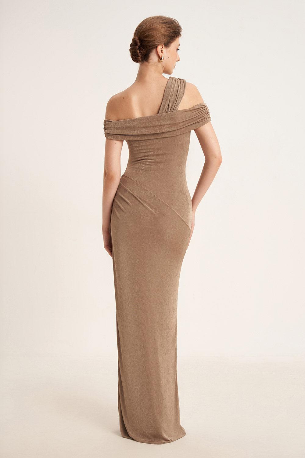 Plumeria Sheath Cold Shoulder Sleeved Elastic Cotton Floor Length Dress