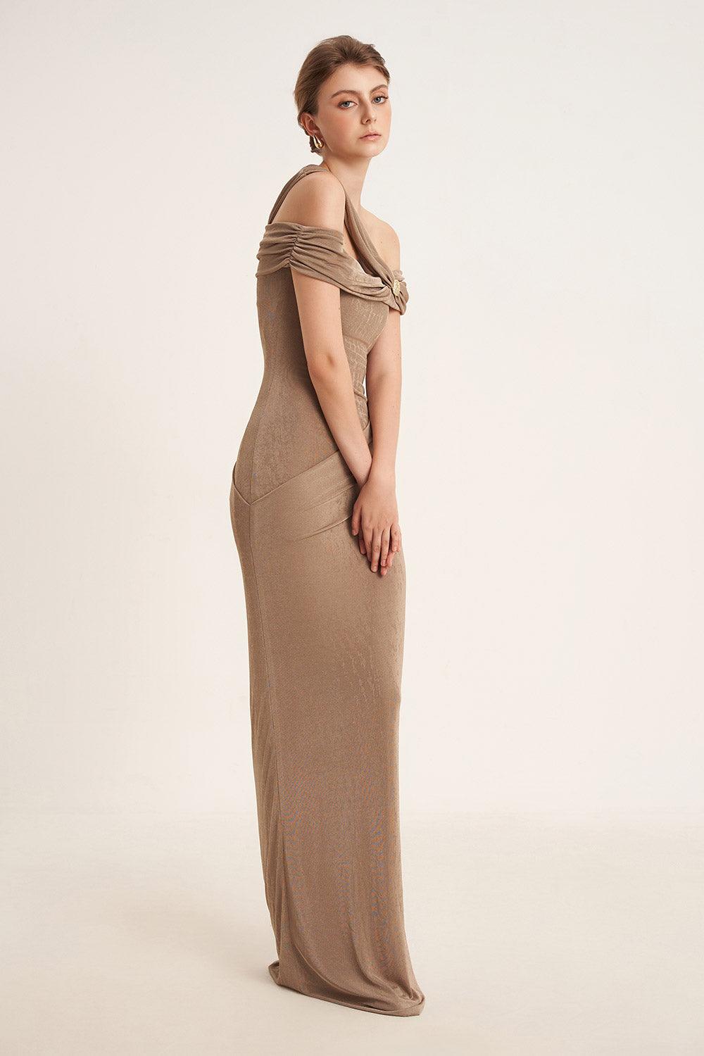 Plumeria Sheath Cold Shoulder Sleeved Elastic Cotton Floor Length Dress