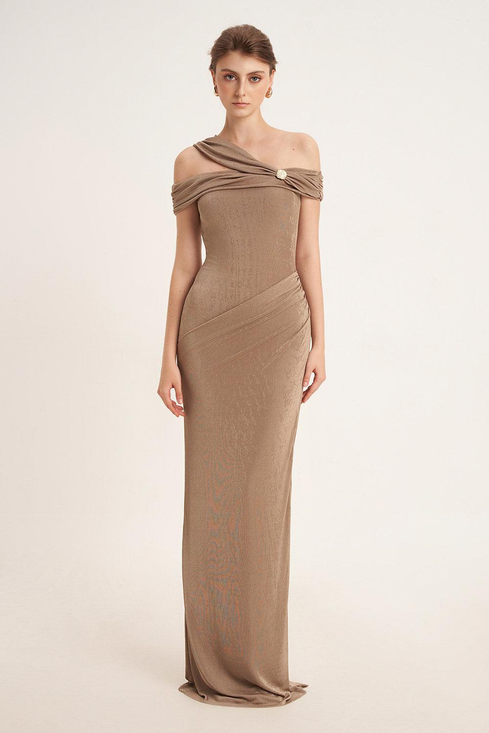 Plumeria Sheath Cold Shoulder Sleeved Elastic Cotton Floor Length Dress