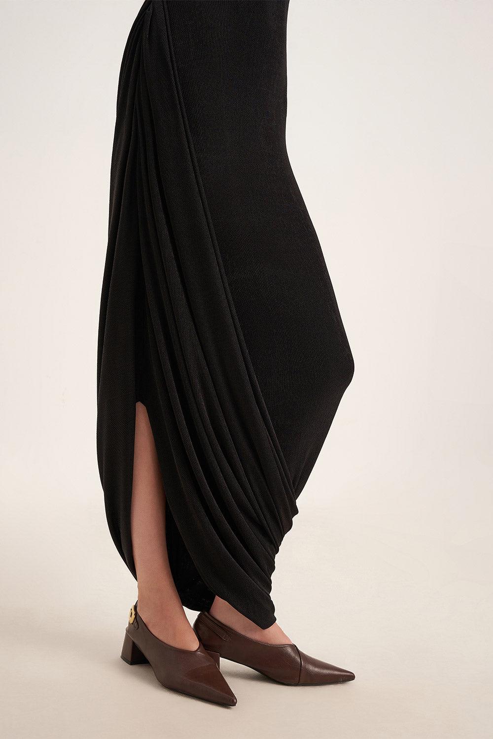 Primrose Asymmetric Boat Neck Elastic Cotton Ankle Length Dress