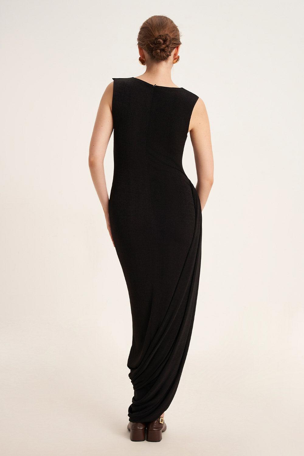 Primrose Asymmetric Boat Neck Elastic Cotton Ankle Length Dress