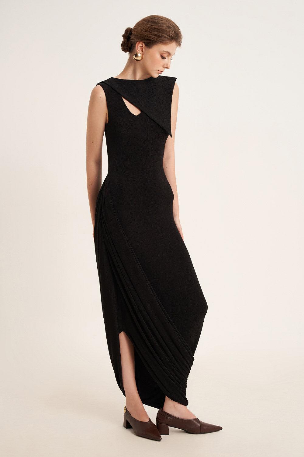 Primrose Asymmetric Boat Neck Elastic Cotton Ankle Length Dress