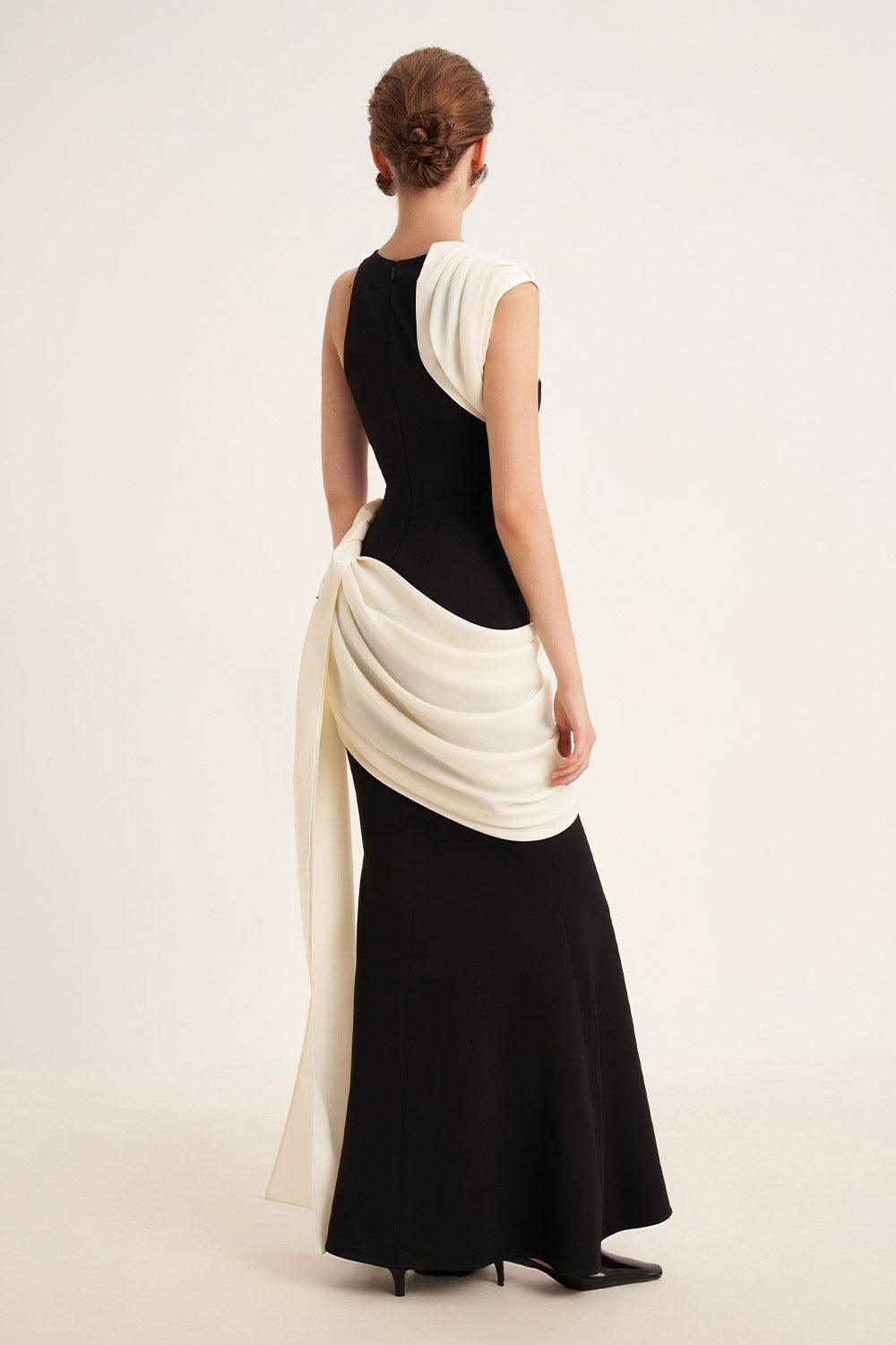 Poppy Trumpet Asymmetric Neck Elastic Cotton Floor Length Dress