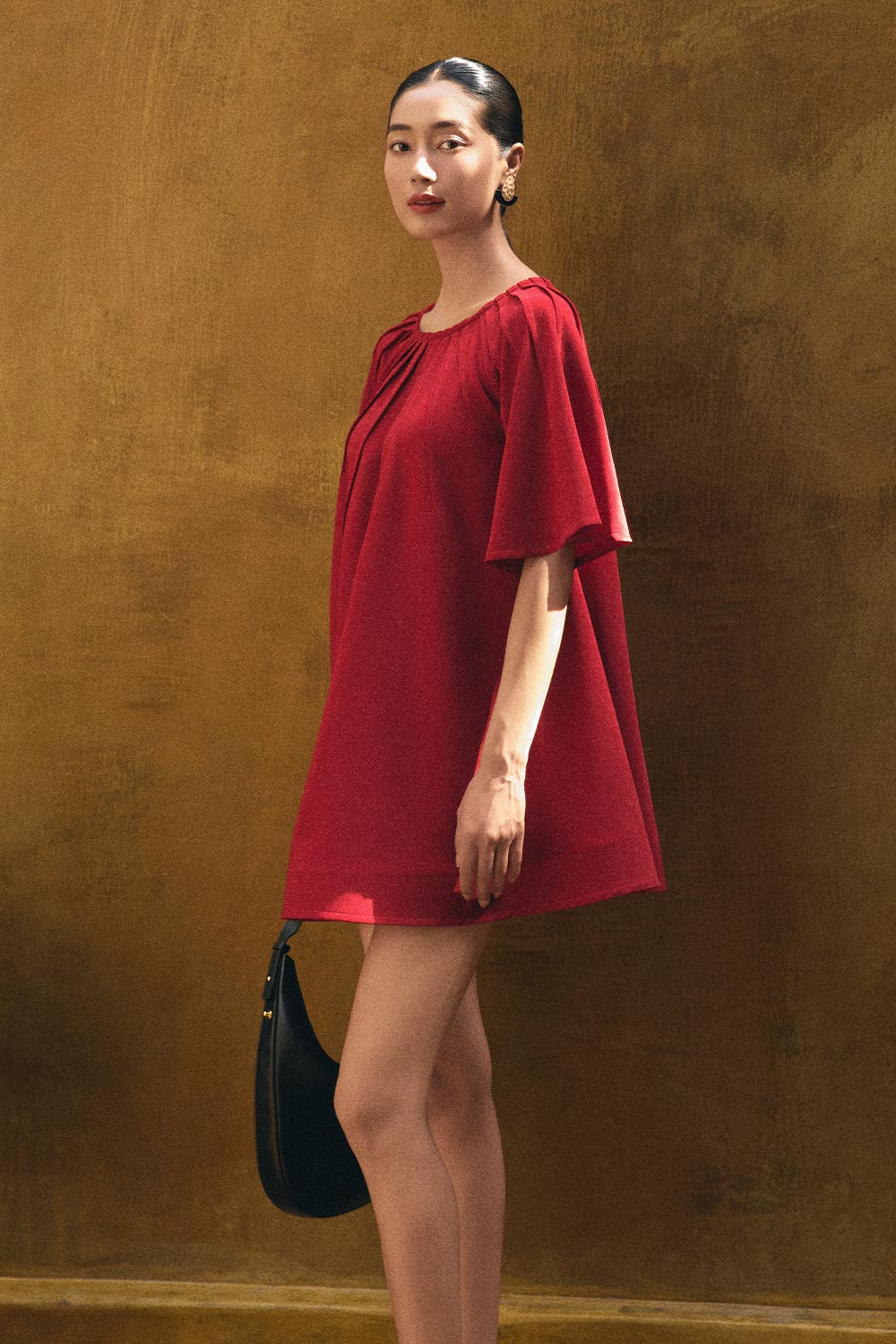 Promise Trapezoid Pintucks Spandex Velvet Mini Dress