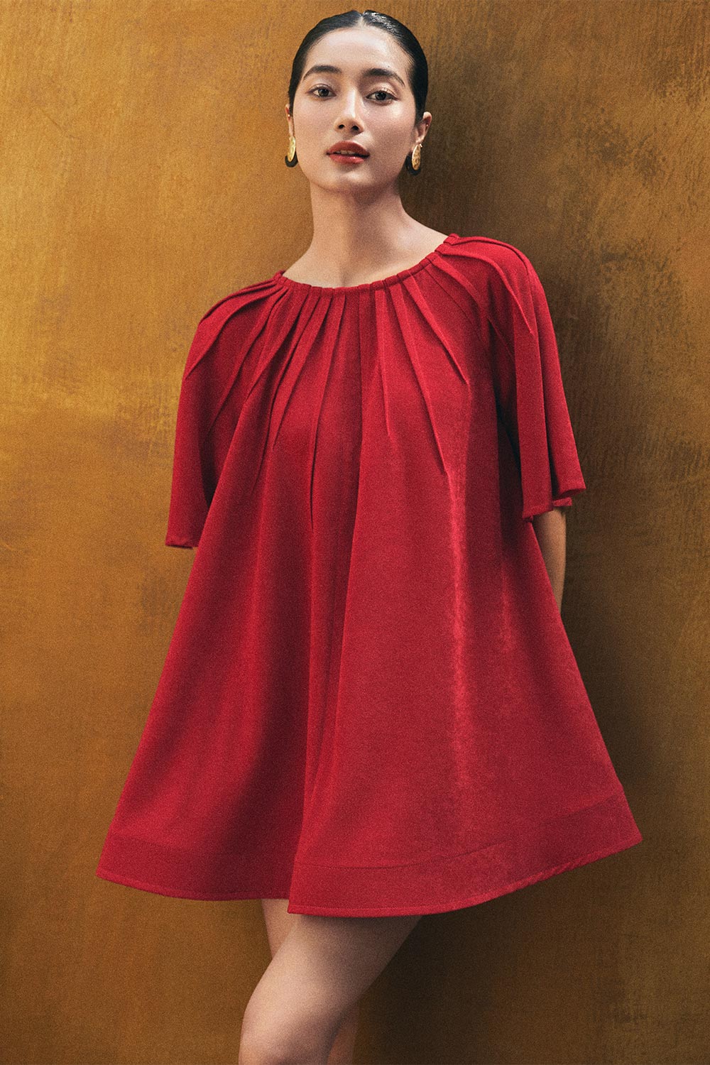 Promise Trapezoid Pintucks Spandex Velvet Mini Dress