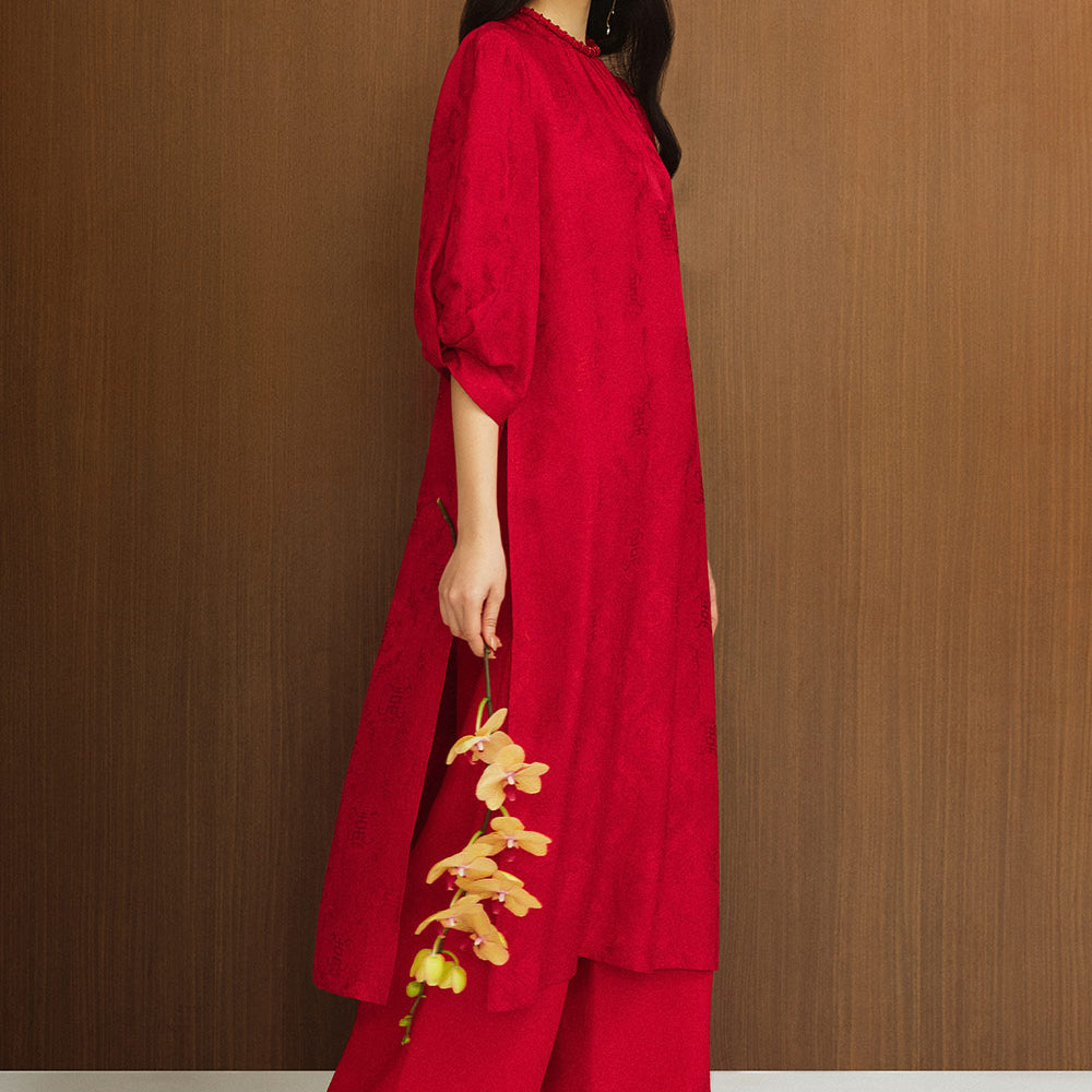 Giai Ky Straight Puffy Sleeved Silk Calf Length Ao Dai