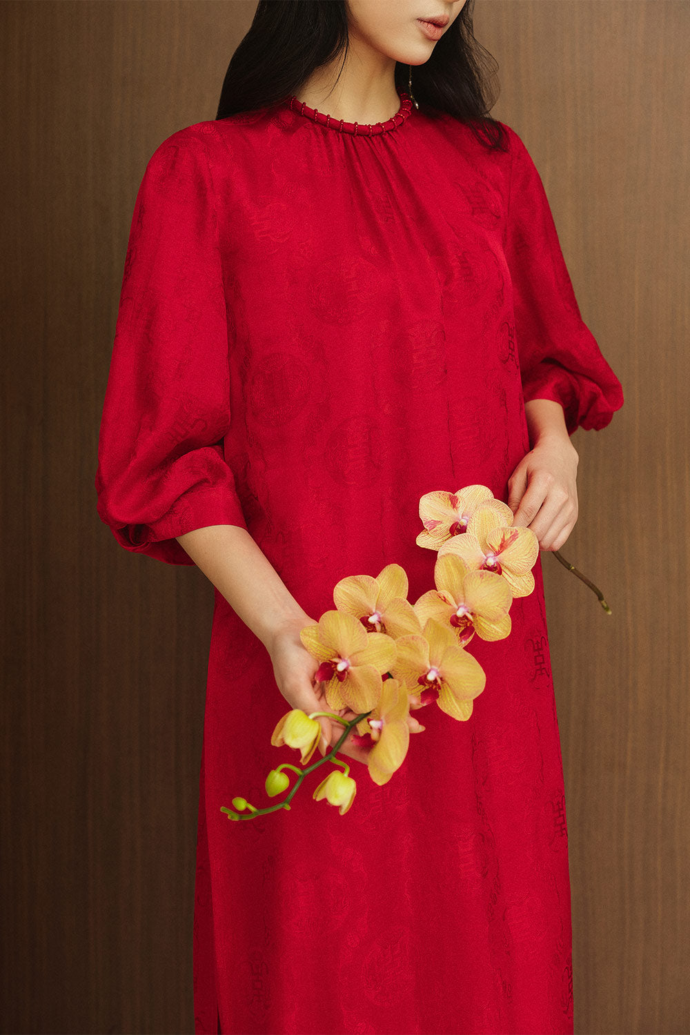 Giai Ky Straight Puffy Sleeved Silk Calf Length Ao Dai