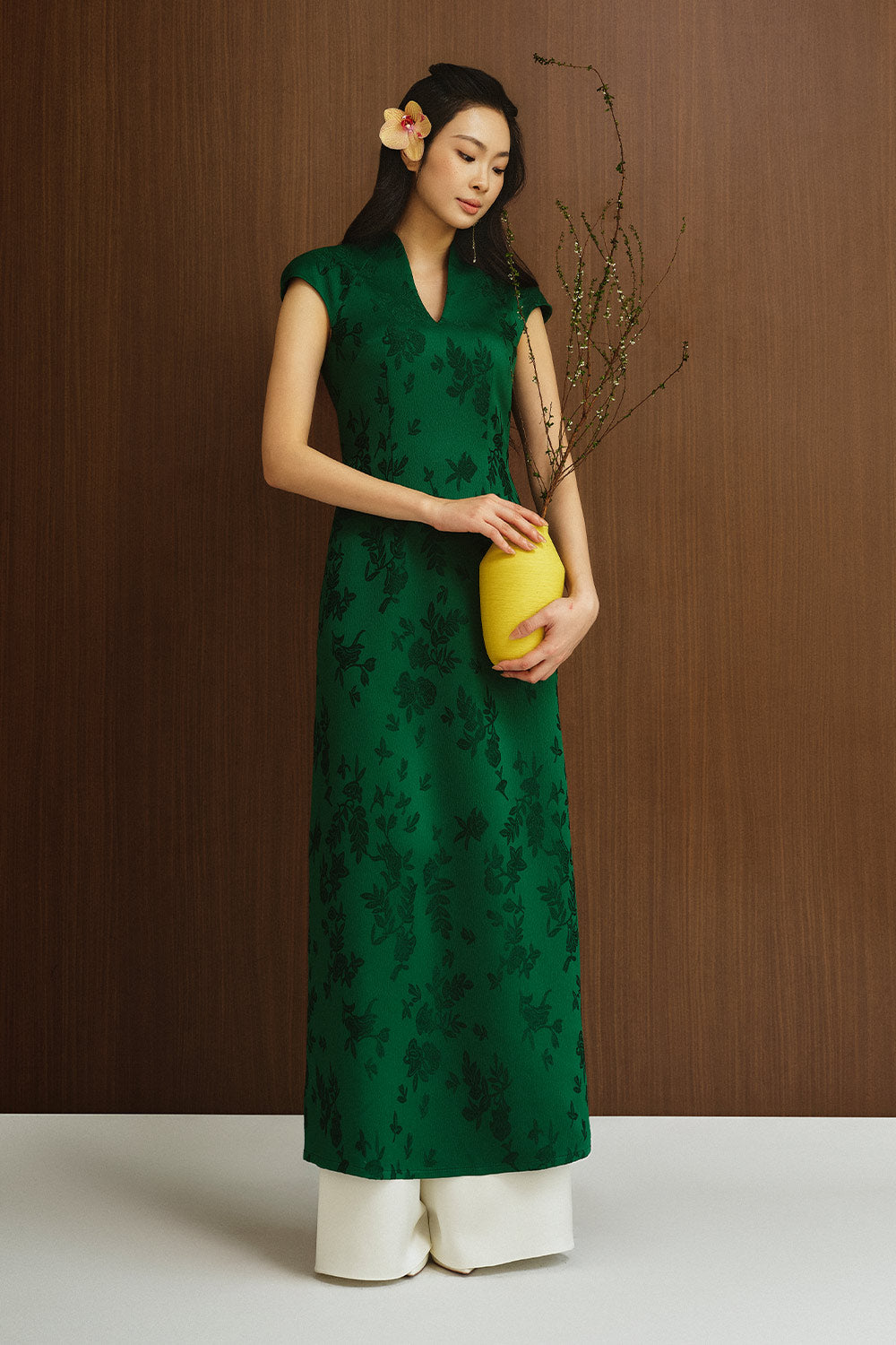 Lac Ha A-line Cap Sleeved Silk Midi Ao Dai