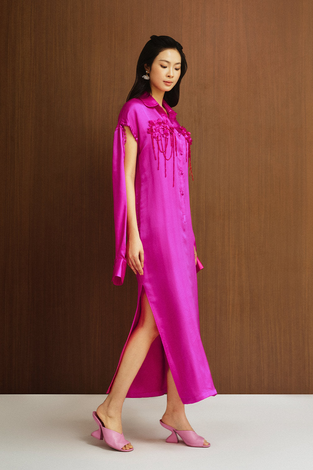 Sunniva Straight Slit Sleeved Silk Ankle Length Dress