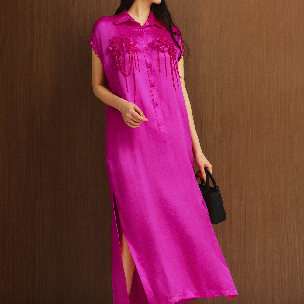 Sunniva Straight Slit Sleeved Silk Ankle Length Dress