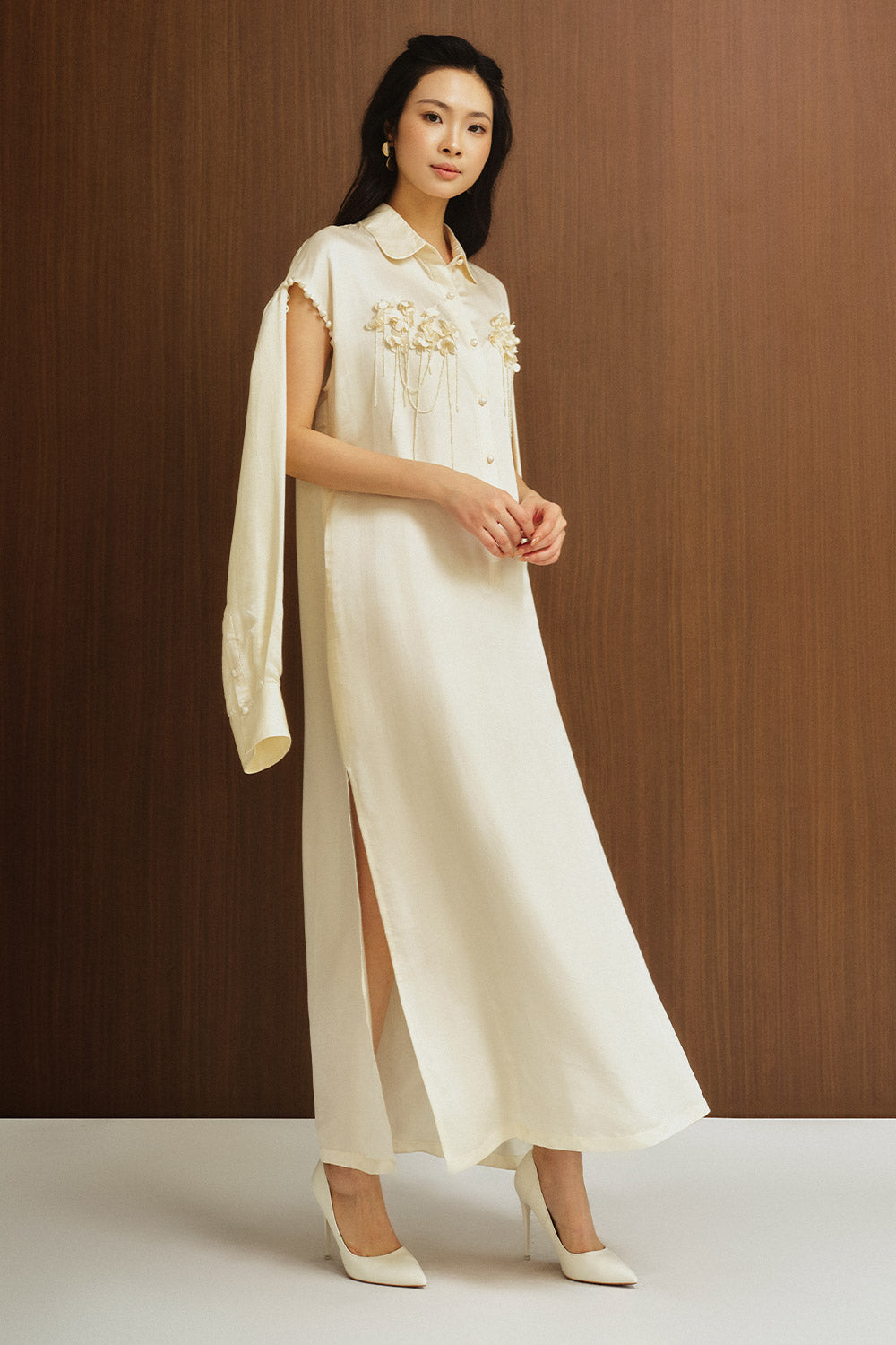 Sunniva Straight Slit Sleeved Silk Ankle Length Dress