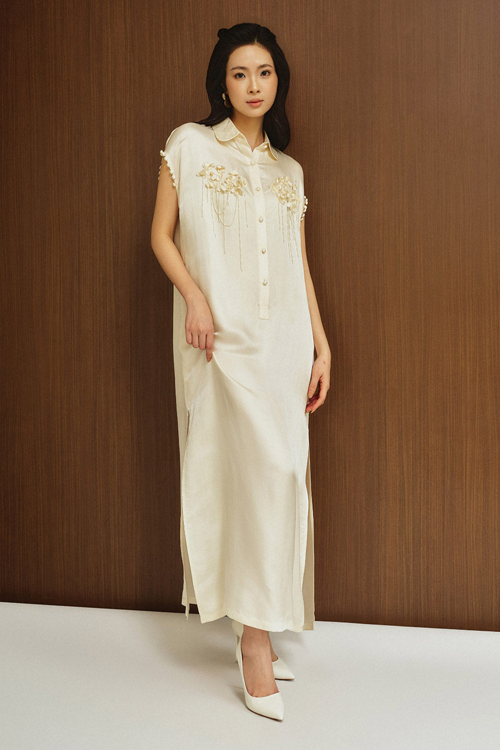 Sunniva Straight Slit Sleeved Silk Ankle Length Dress