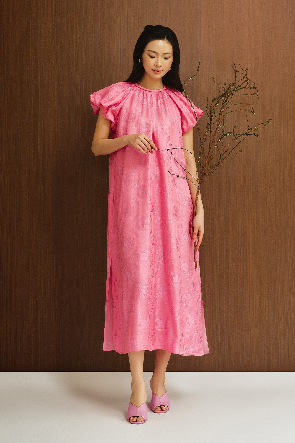 Skye Trapezoid Bubble Sleeved Silk Midi Dress