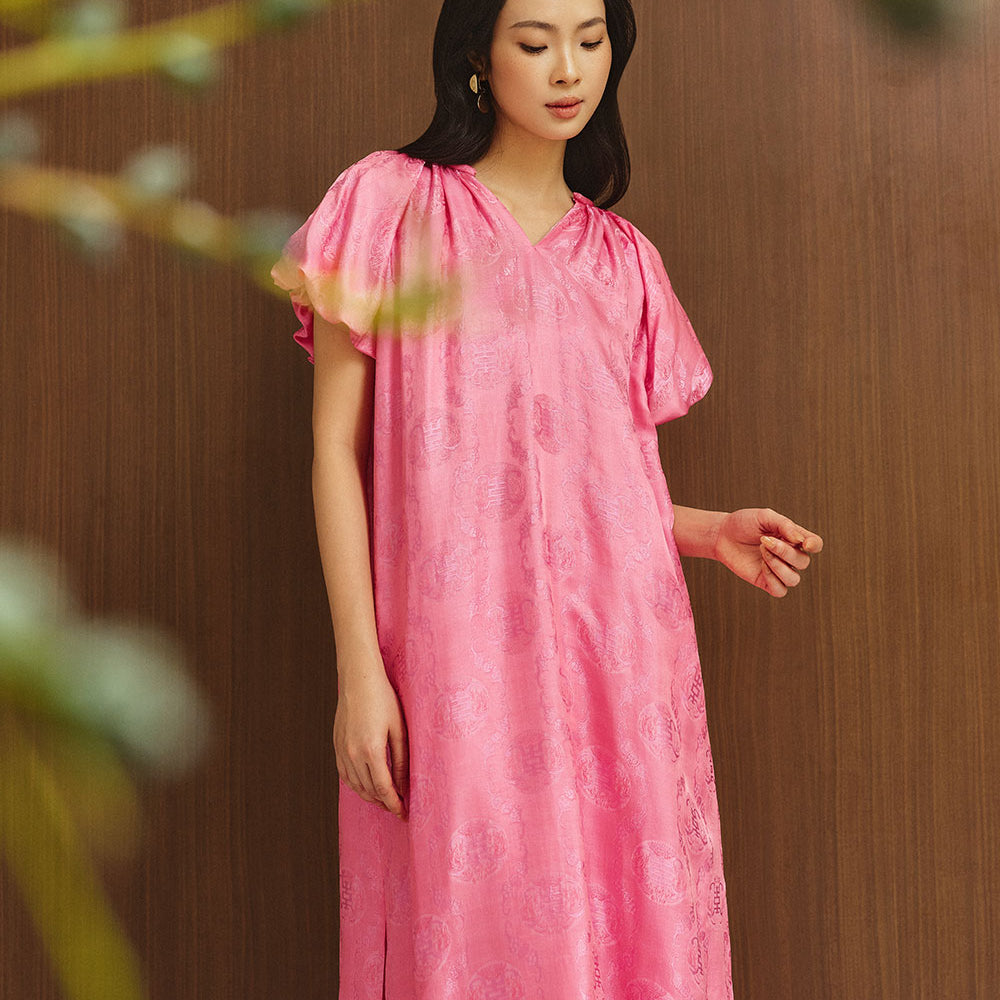 Skye Trapezoid Bubble Sleeved Silk Midi Dress