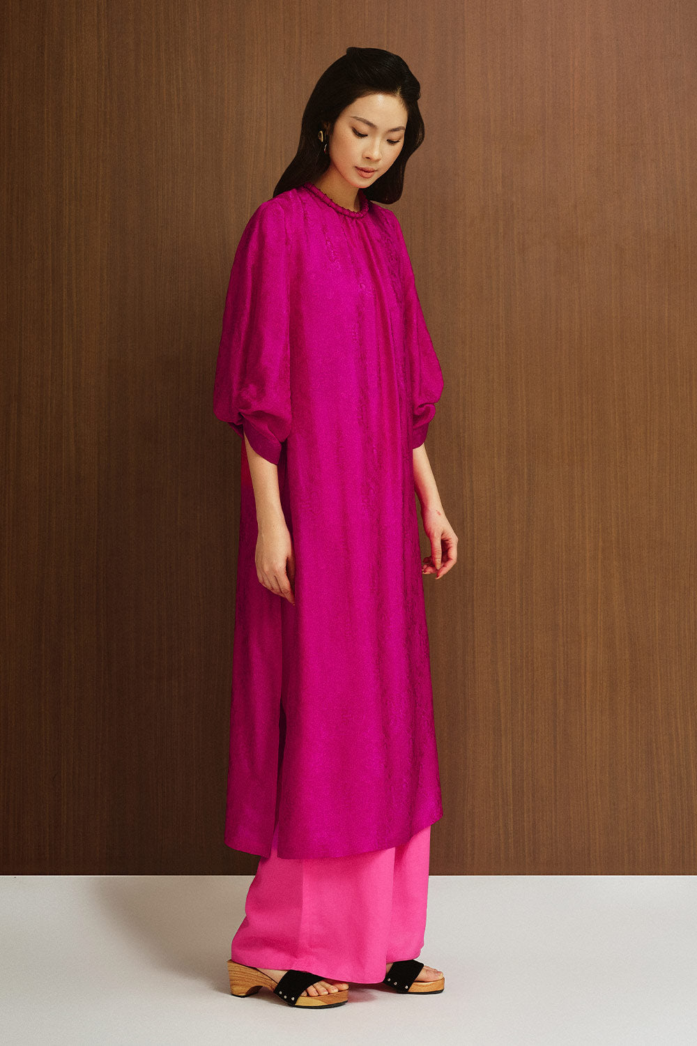 Giai Ky Straight Puffy Sleeved Silk Calf Length Ao Dai