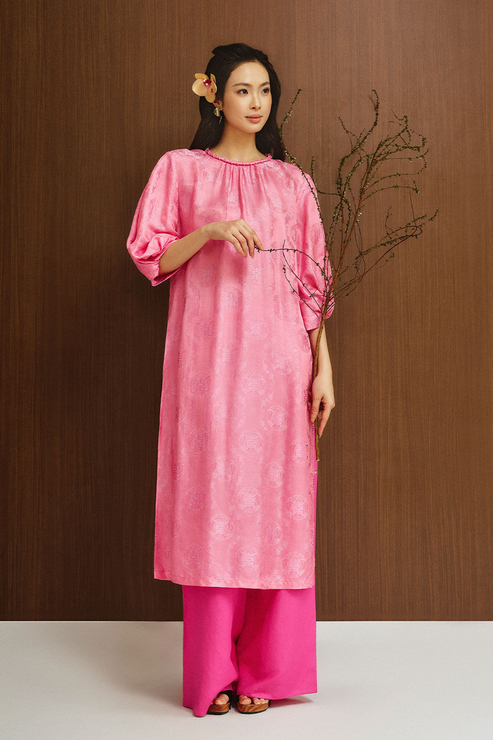 Giai Ky Straight Puffy Sleeved Silk Calf Length Ao Dai