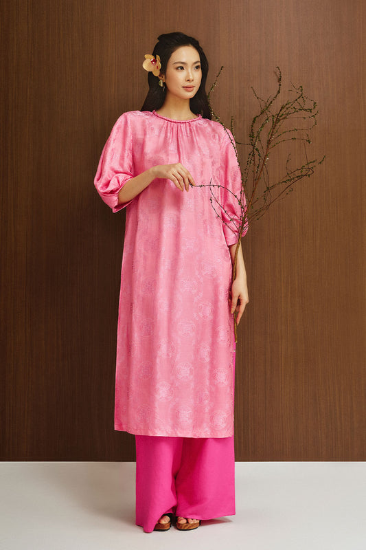 Giai Ky Straight Puffy Sleeved Silk Calf Length Ao Dai