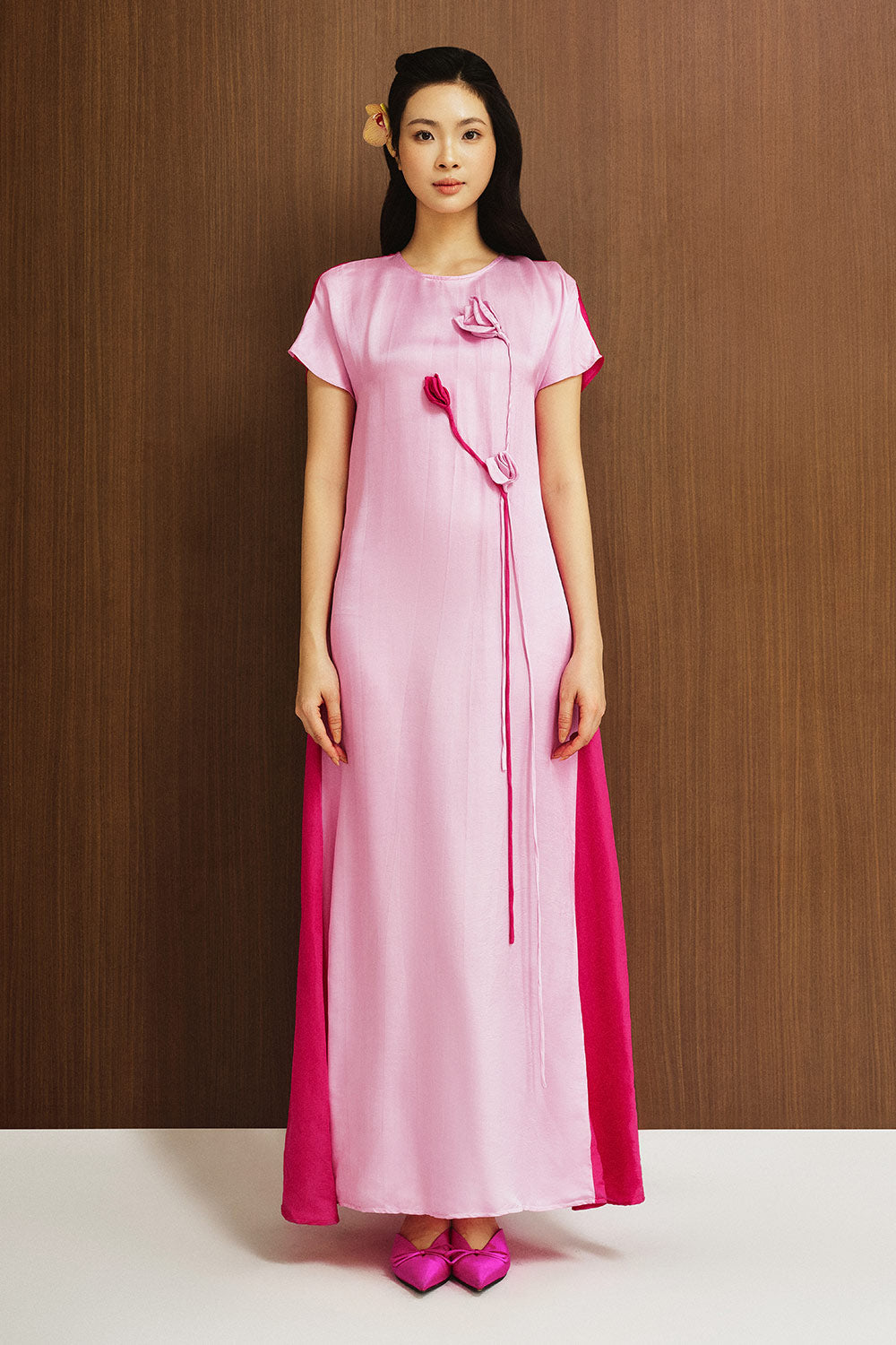 Sereia Straight Flower Applique Silk Ankle Length Dress