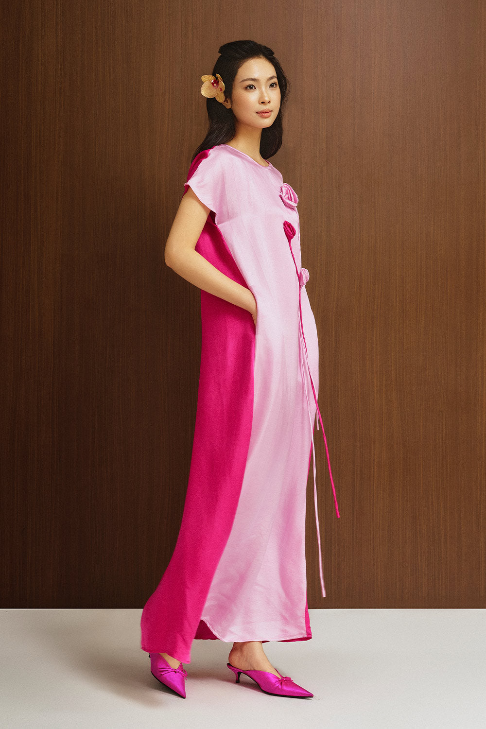 Sereia Straight Flower Applique Silk Ankle Length Dress