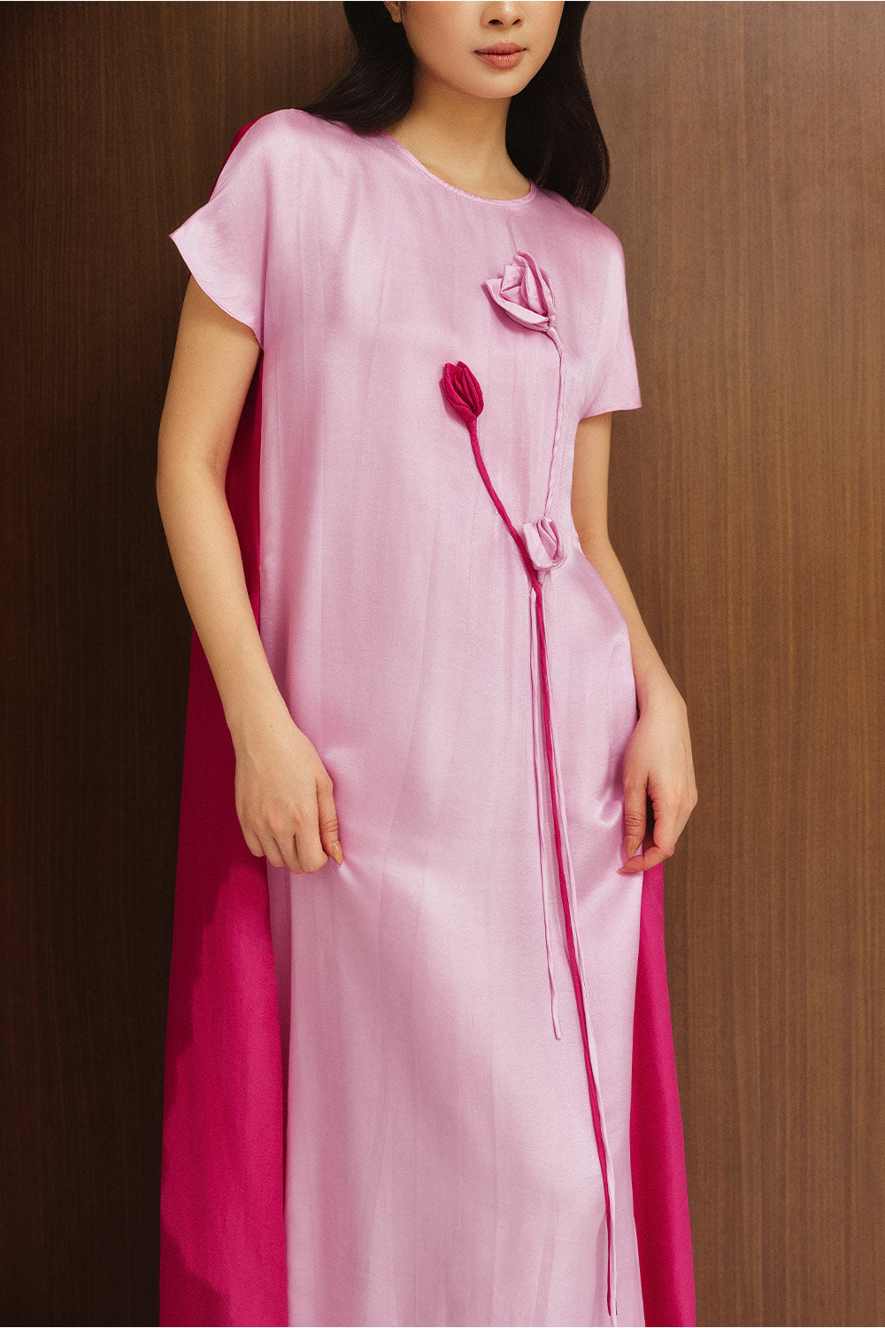 Sereia Straight Flower Applique Silk Ankle Length Dress