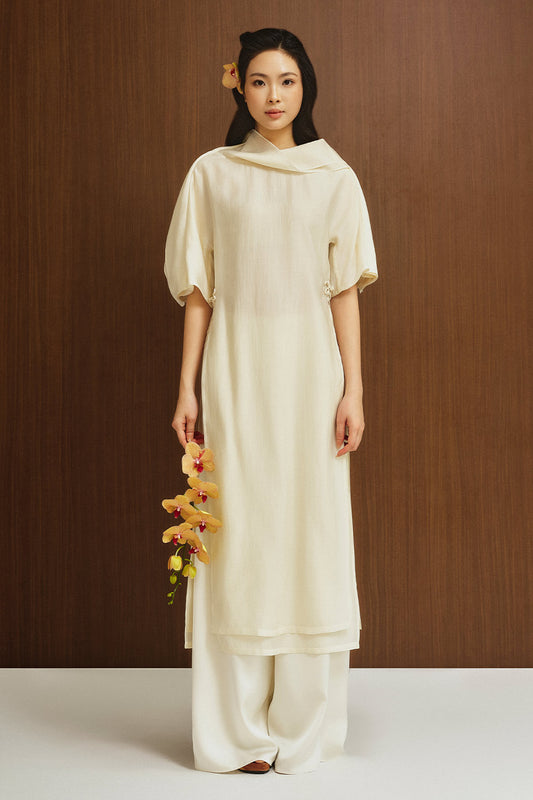 Phu Dung Layered Ruffle Collar Silk Calf Length Ao Dai