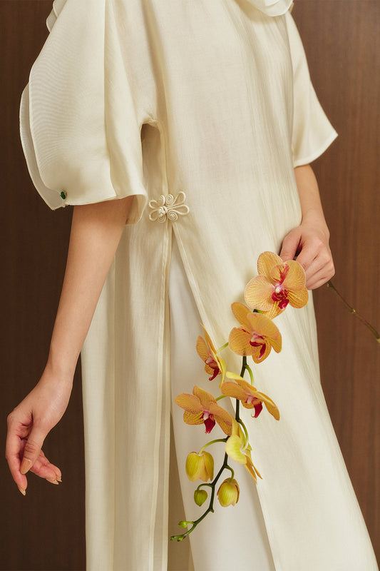 Phu Dung Layered Ruffle Collar Silk Calf Length Ao Dai
