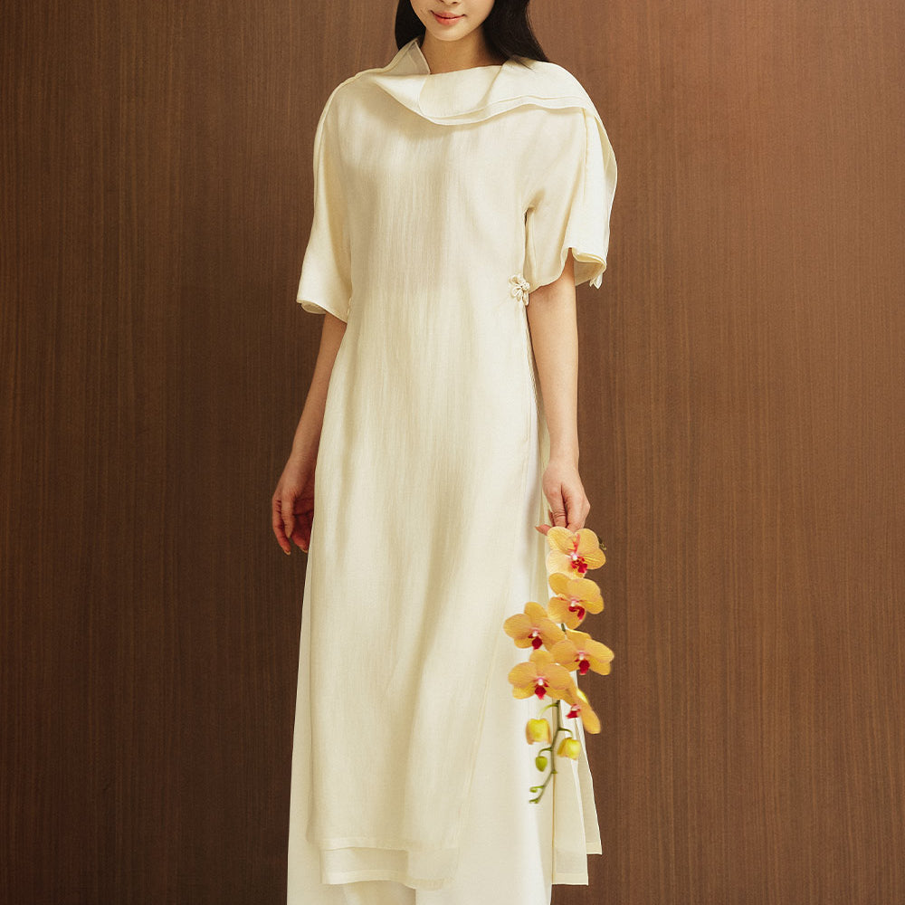 Phu Dung Layered Ruffle Collar Silk Calf Length Ao Dai