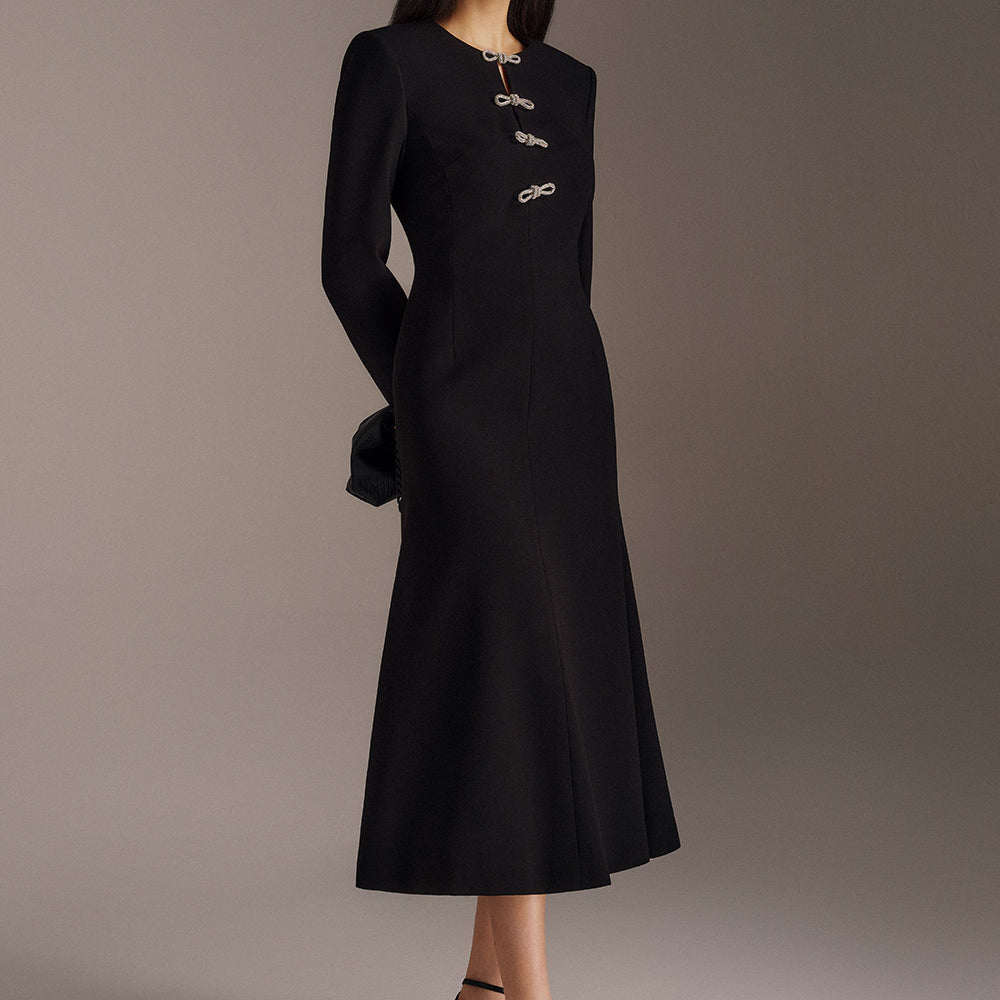 Mirea Trumpet Henley Neck Twill Calf Length Dress