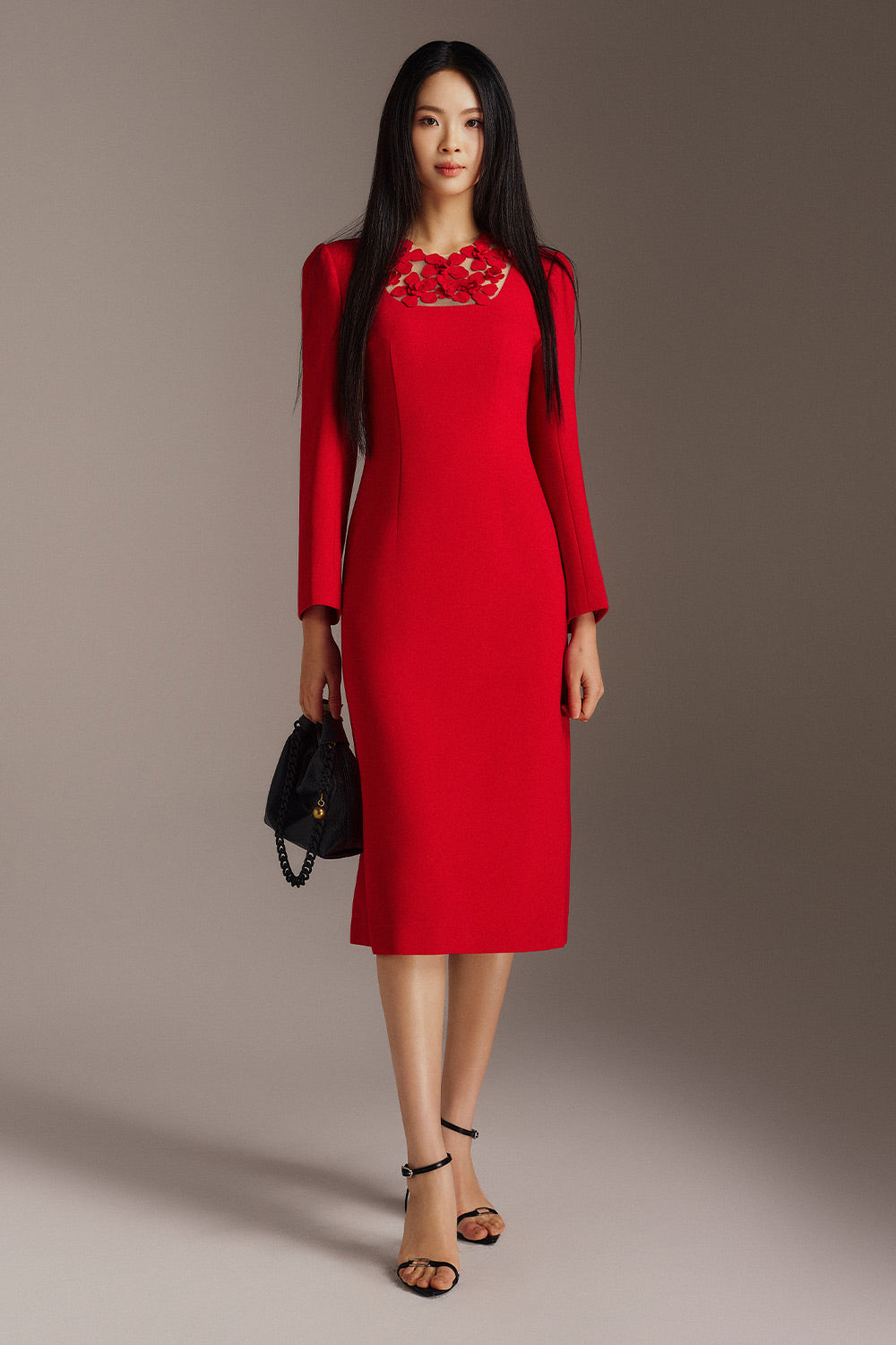 Amariah Pencil Flower Applique Twill Calf Length Dress