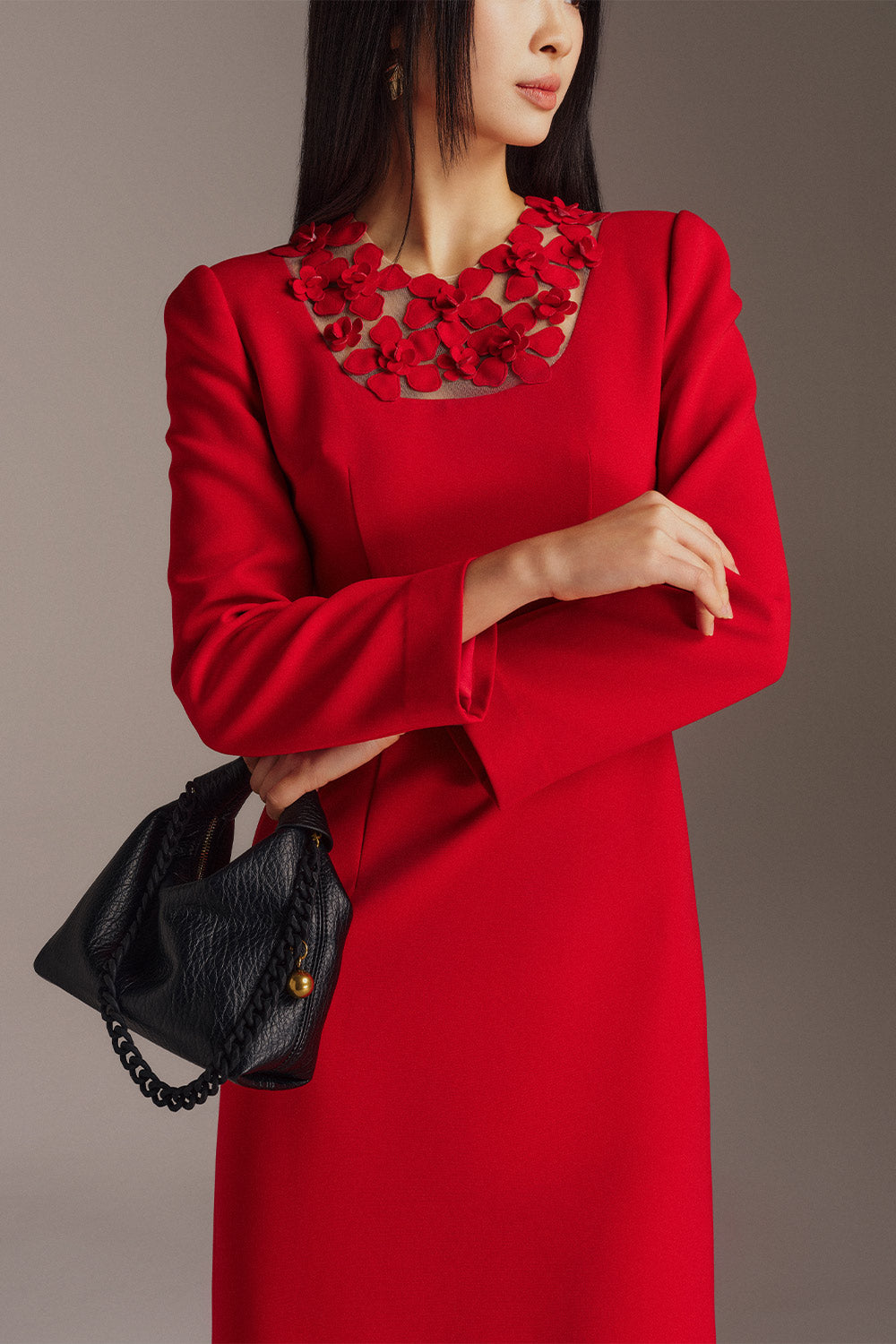 Amariah Pencil Flower Applique Twill Calf Length Dress