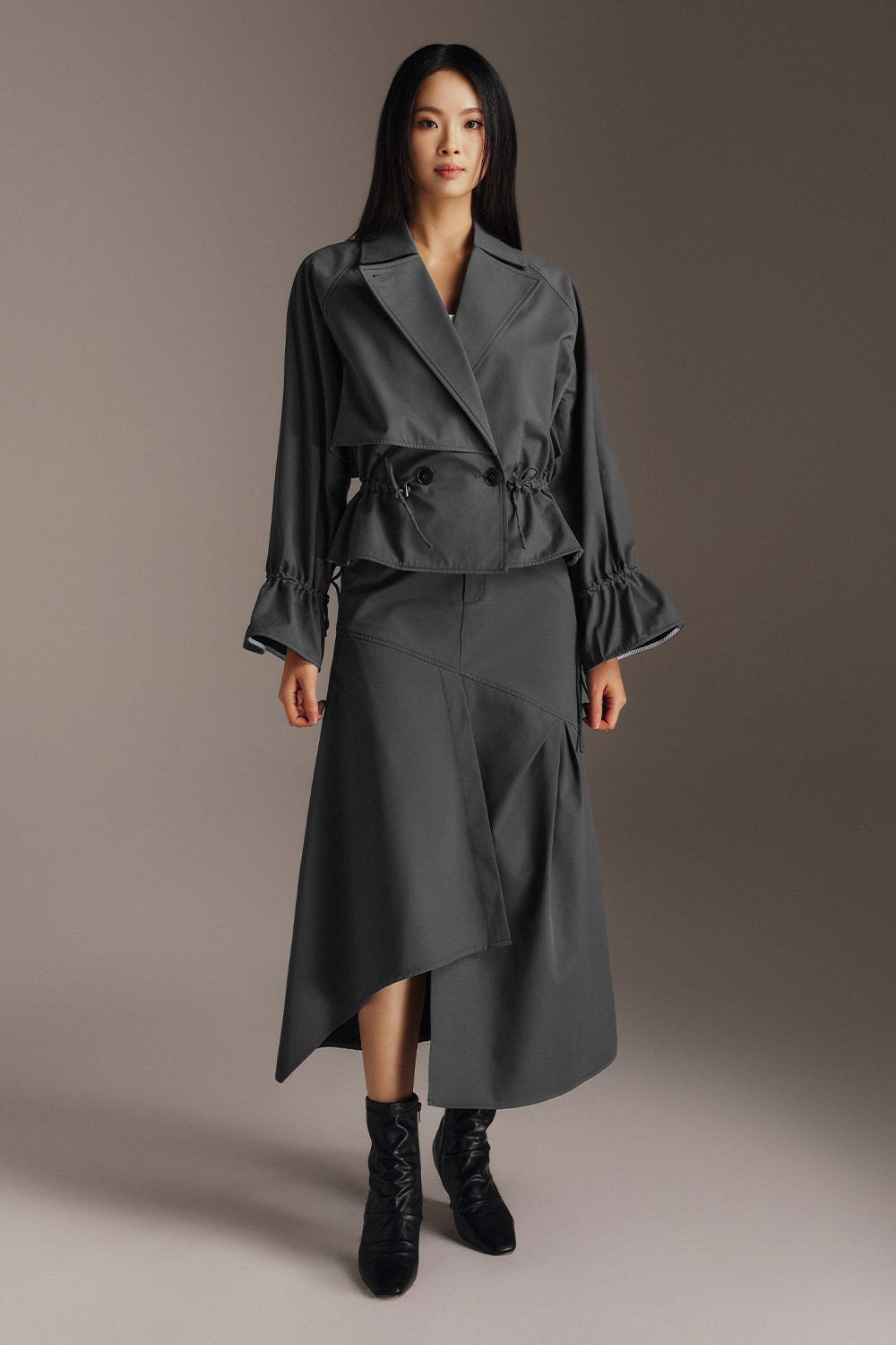 Belle Asymmetric Front Slit Khaki Midi Skirt