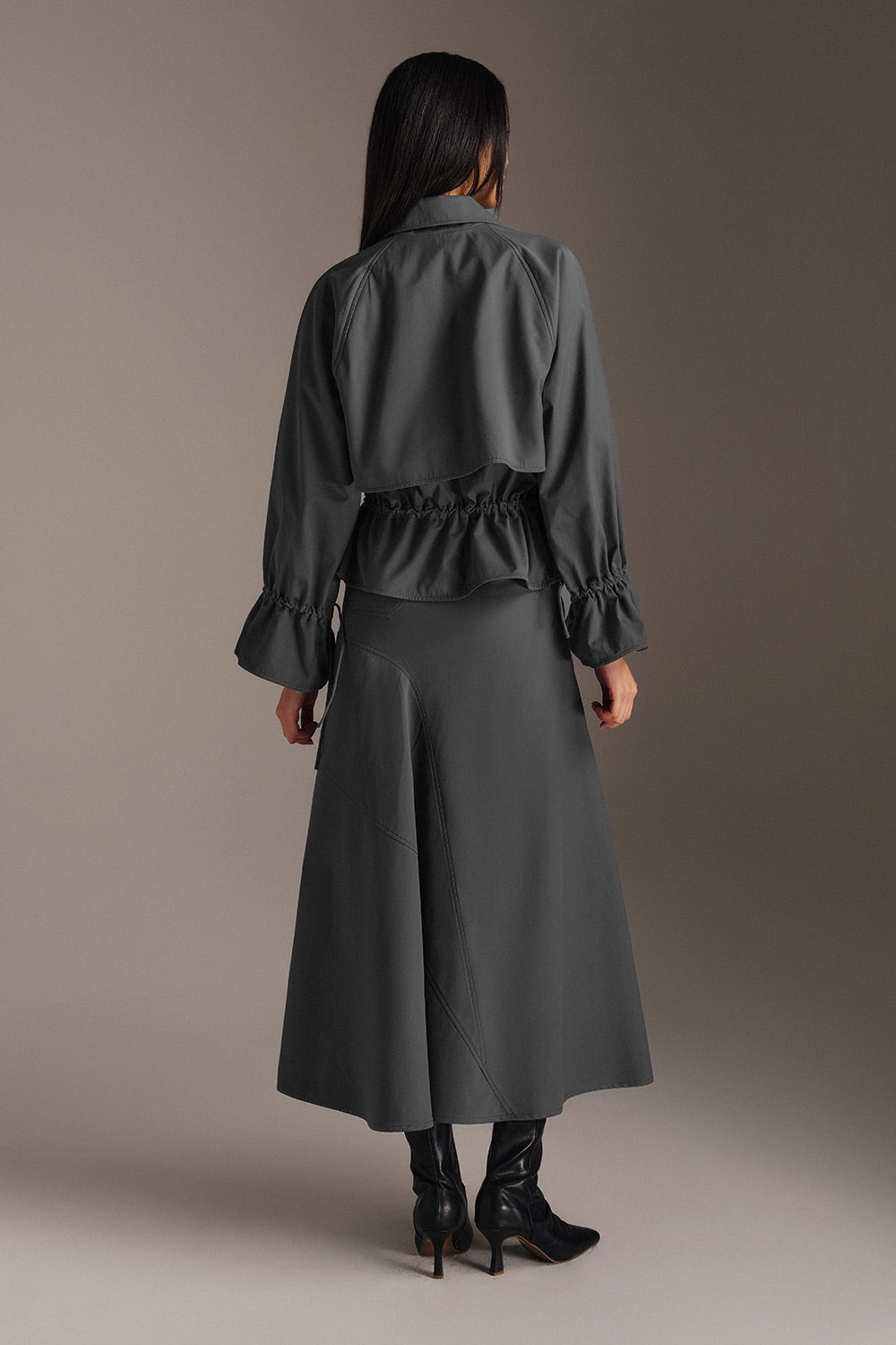 Belle Asymmetric Front Slit Khaki Midi Skirt