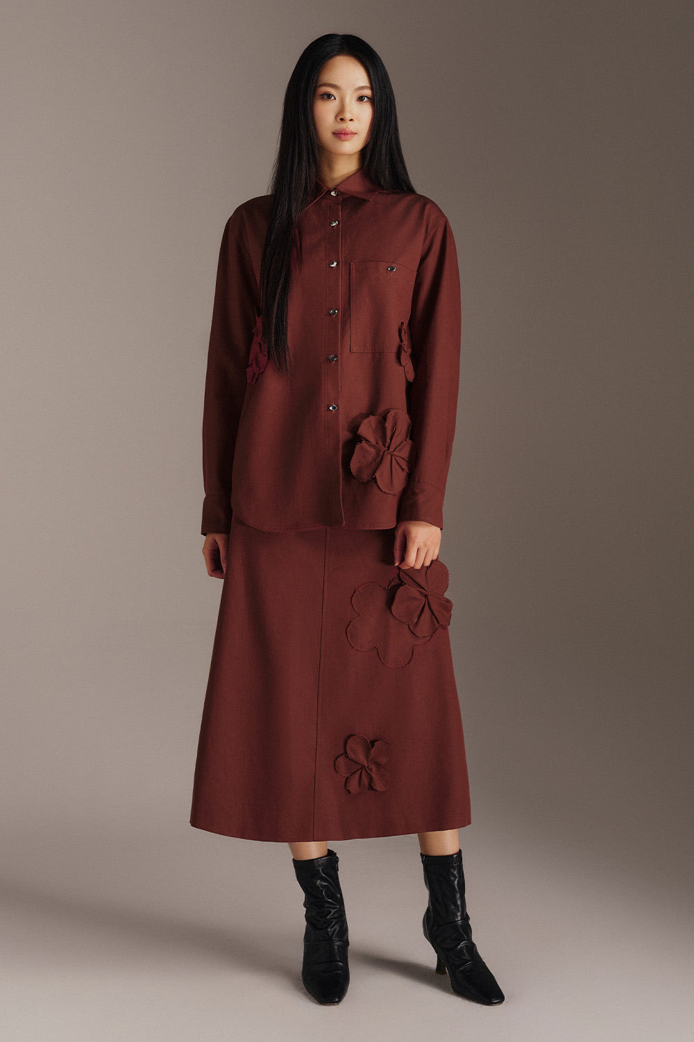 Lennon A-line Flower Applique Tencel Midi Skirt