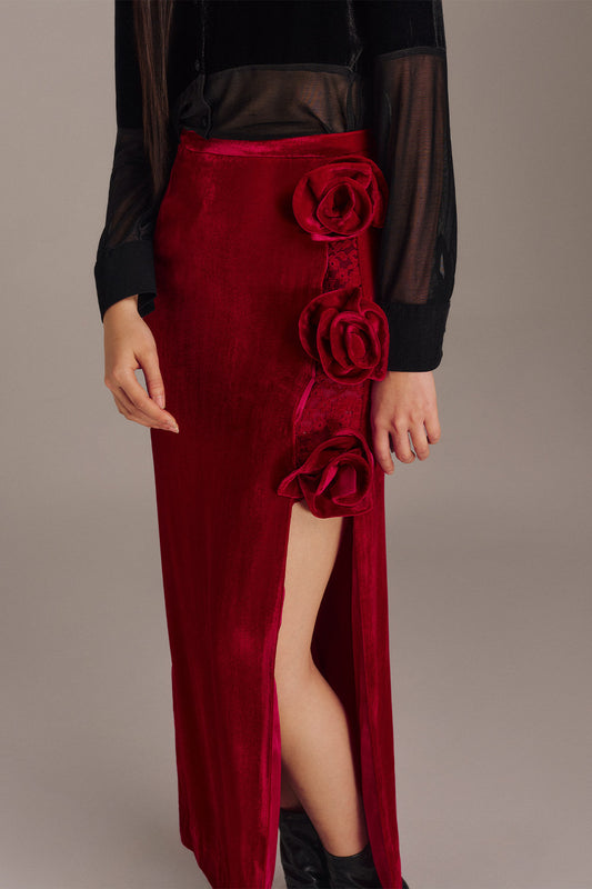 Lyra Asymmetric Side Slit Velvet Ankle Length Skirt