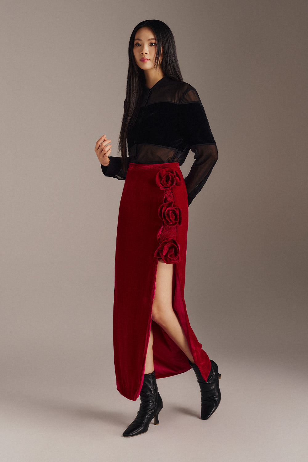 Lyra Asymmetric Side Slit Velvet Ankle Length Skirt