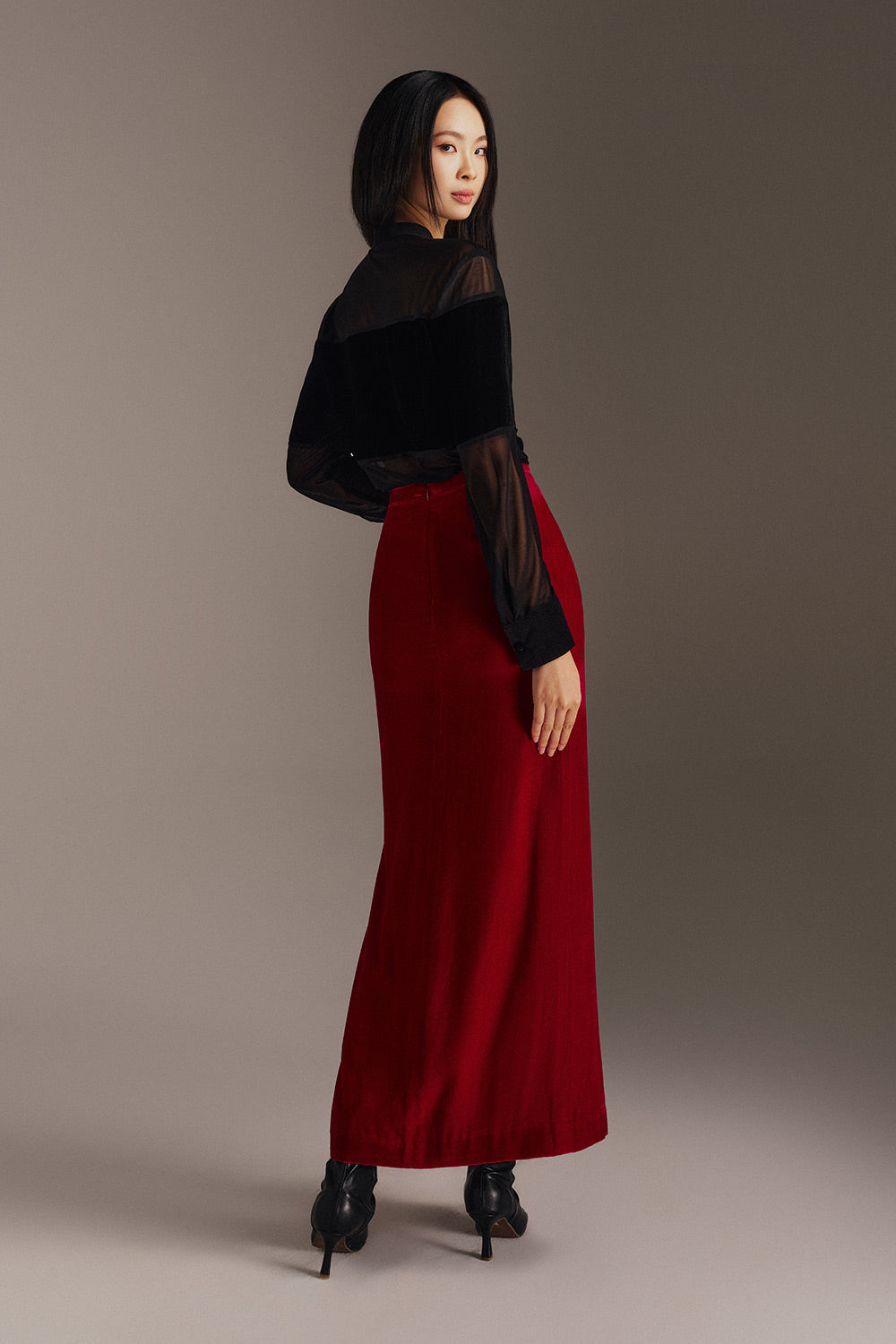 Lyra Asymmetric Side Slit Velvet Ankle Length Skirt