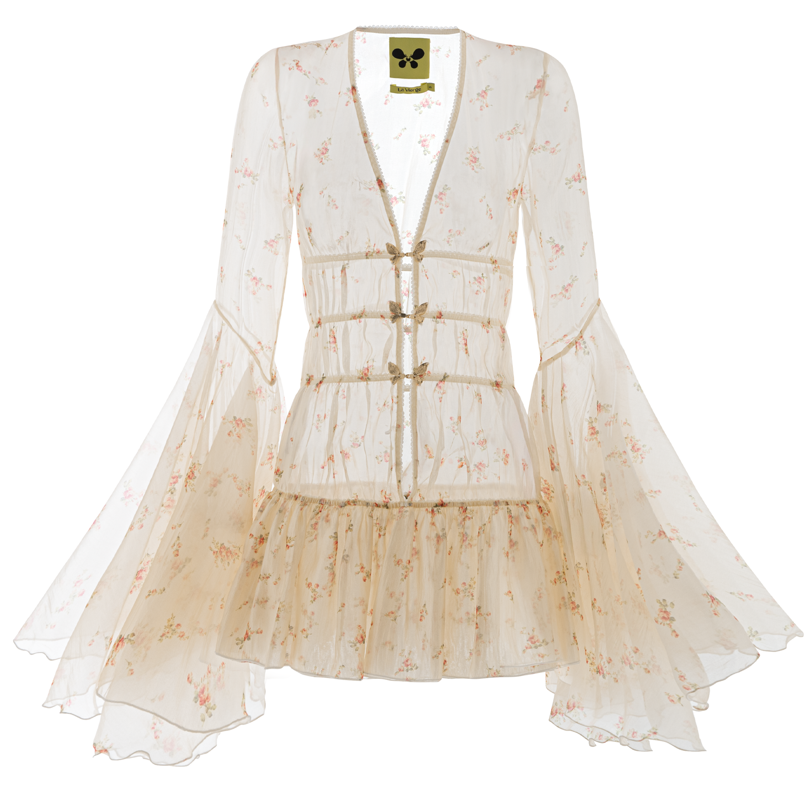 Florentine Drop Waist Flute Sleeved Sheer Fabric Extra Short Length Dress