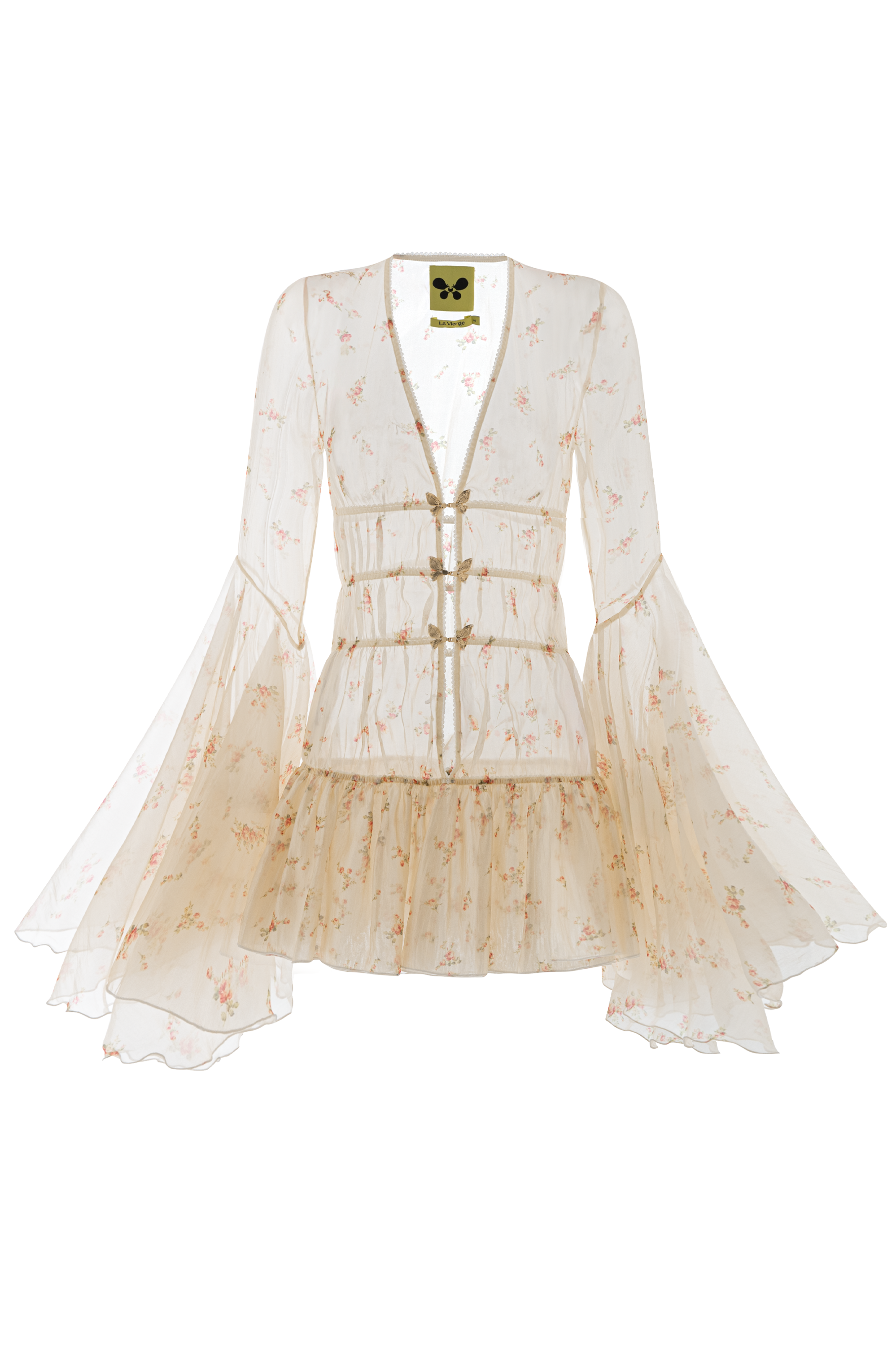 Florentine Drop Waist Flute Sleeved Sheer Fabric Extra Short Length Dress